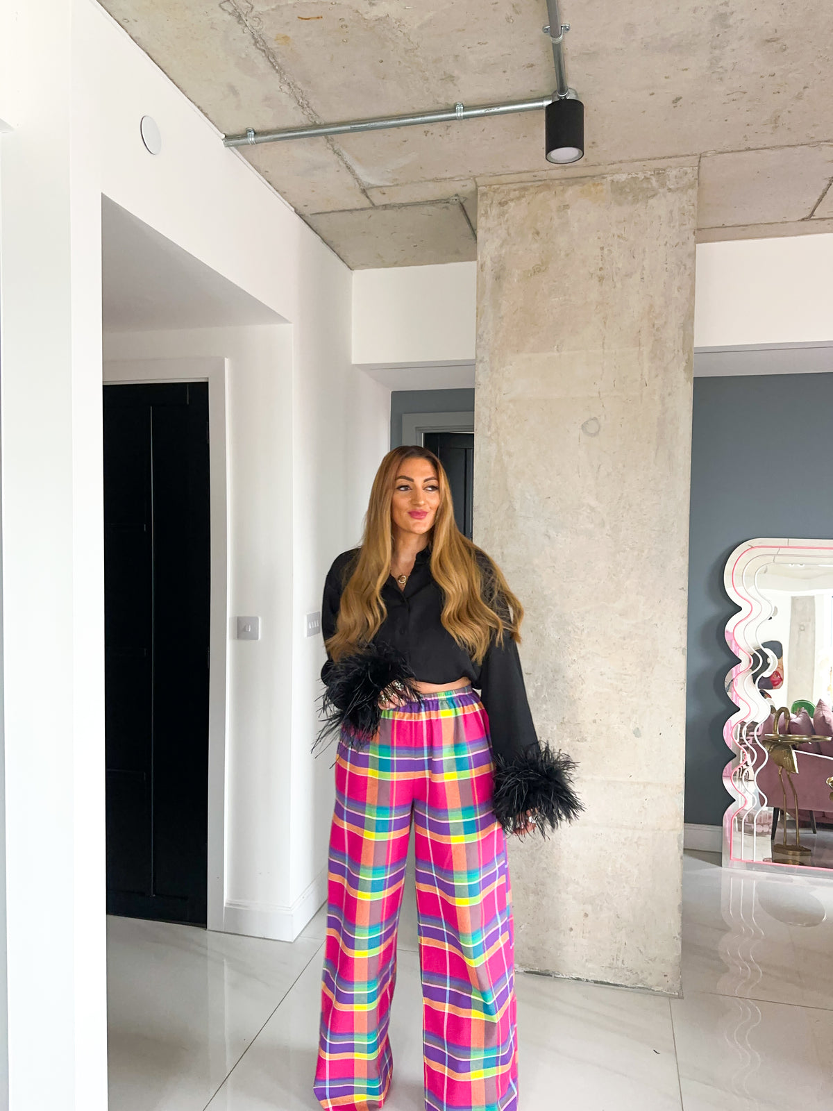 Madras Check Wide Leg Trousers In Pink
