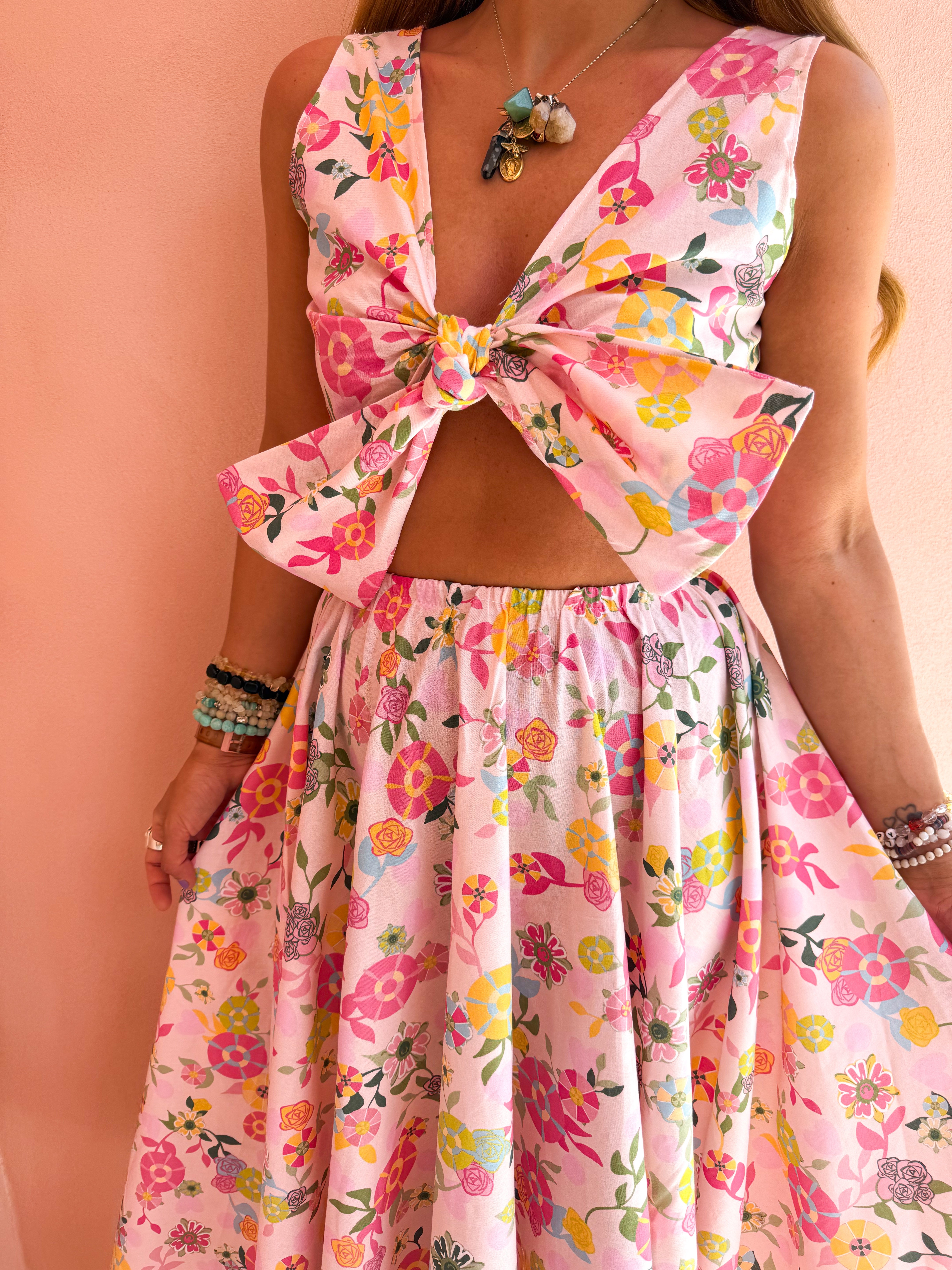 Catalan Tie Detail Top In Pink Floral Print