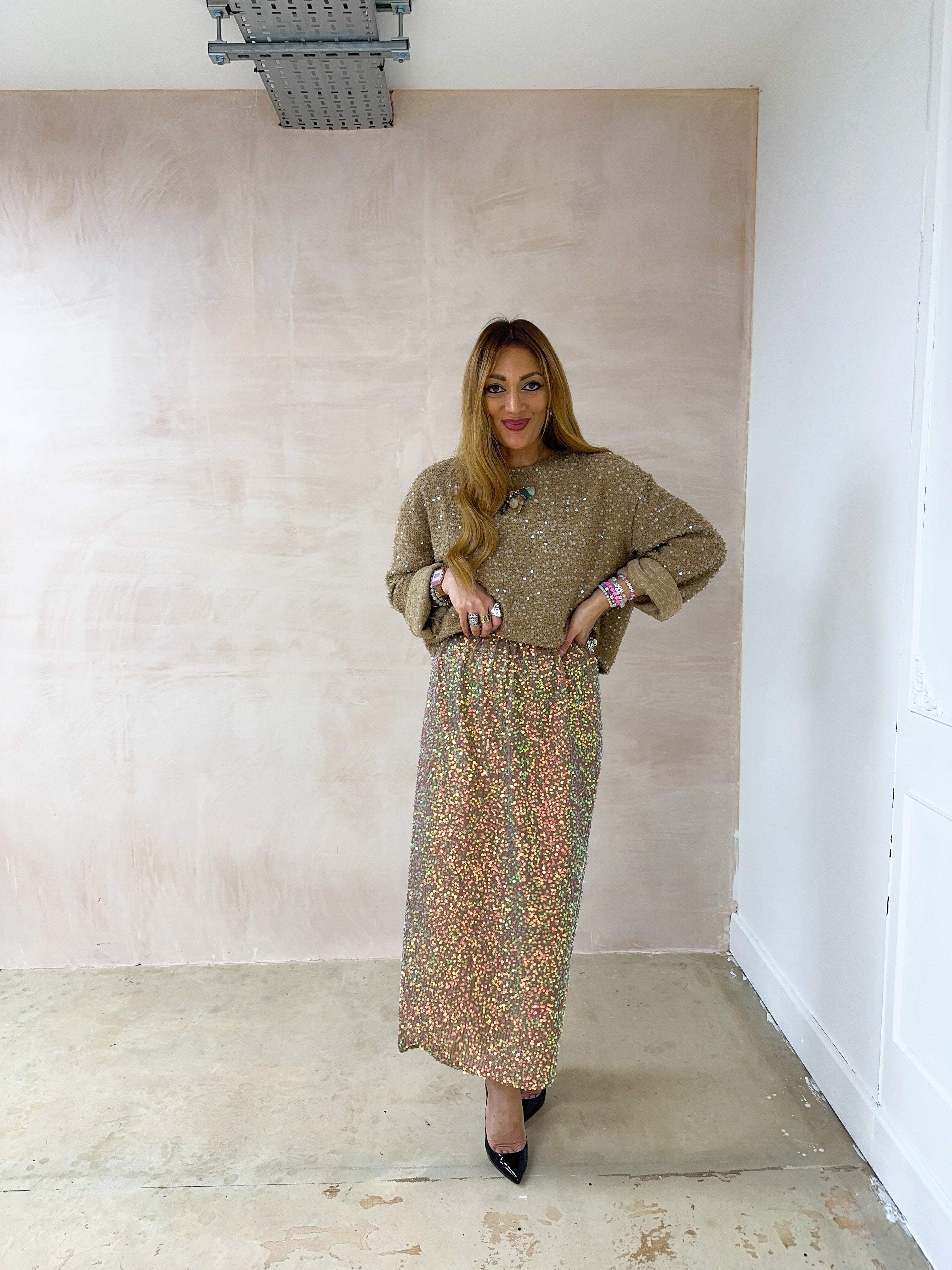 Knitted Scattered Sequin Jumper In Beige