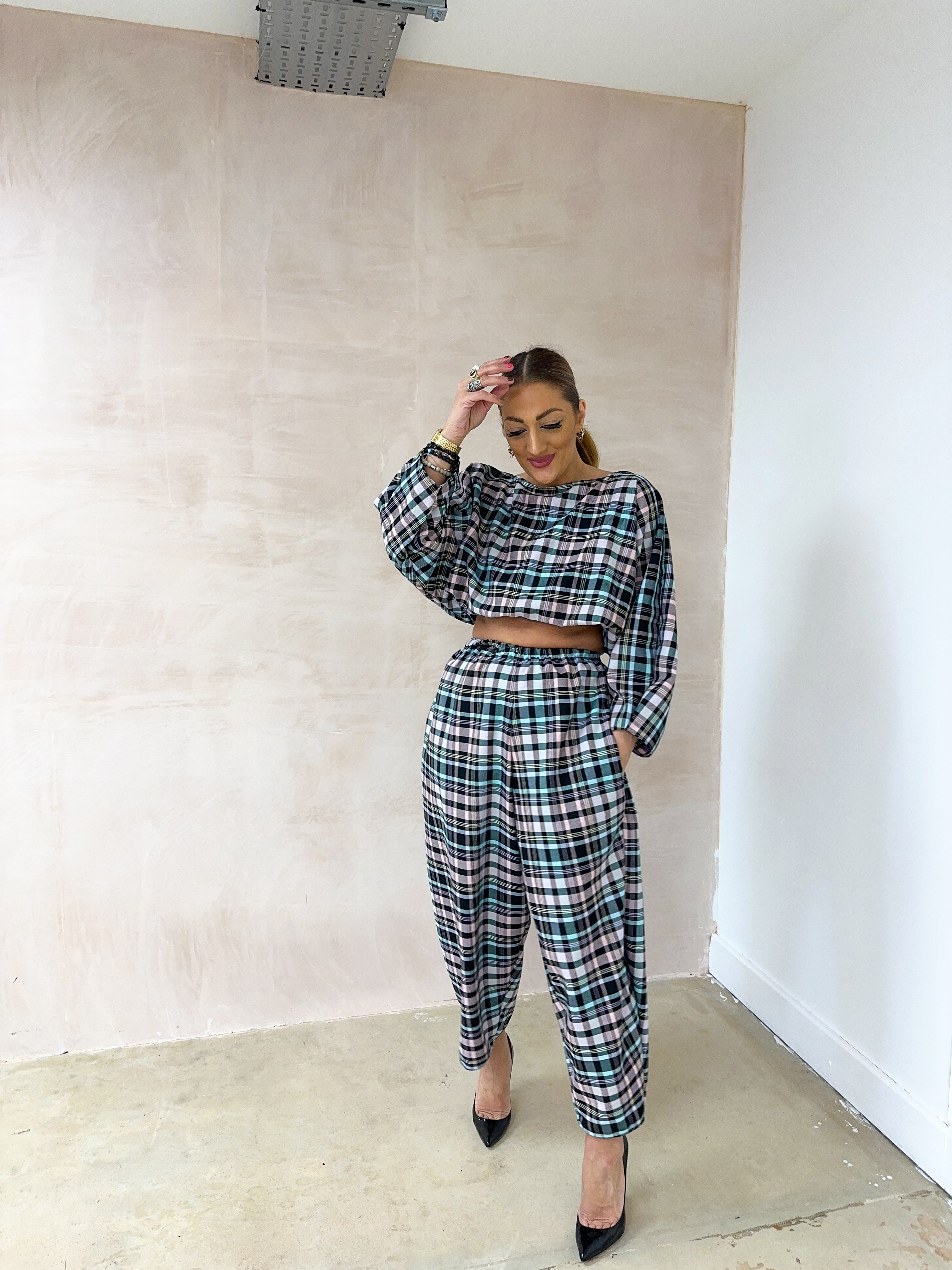 Muse Puff Sleeve Top In Colourful Pastel Tartan