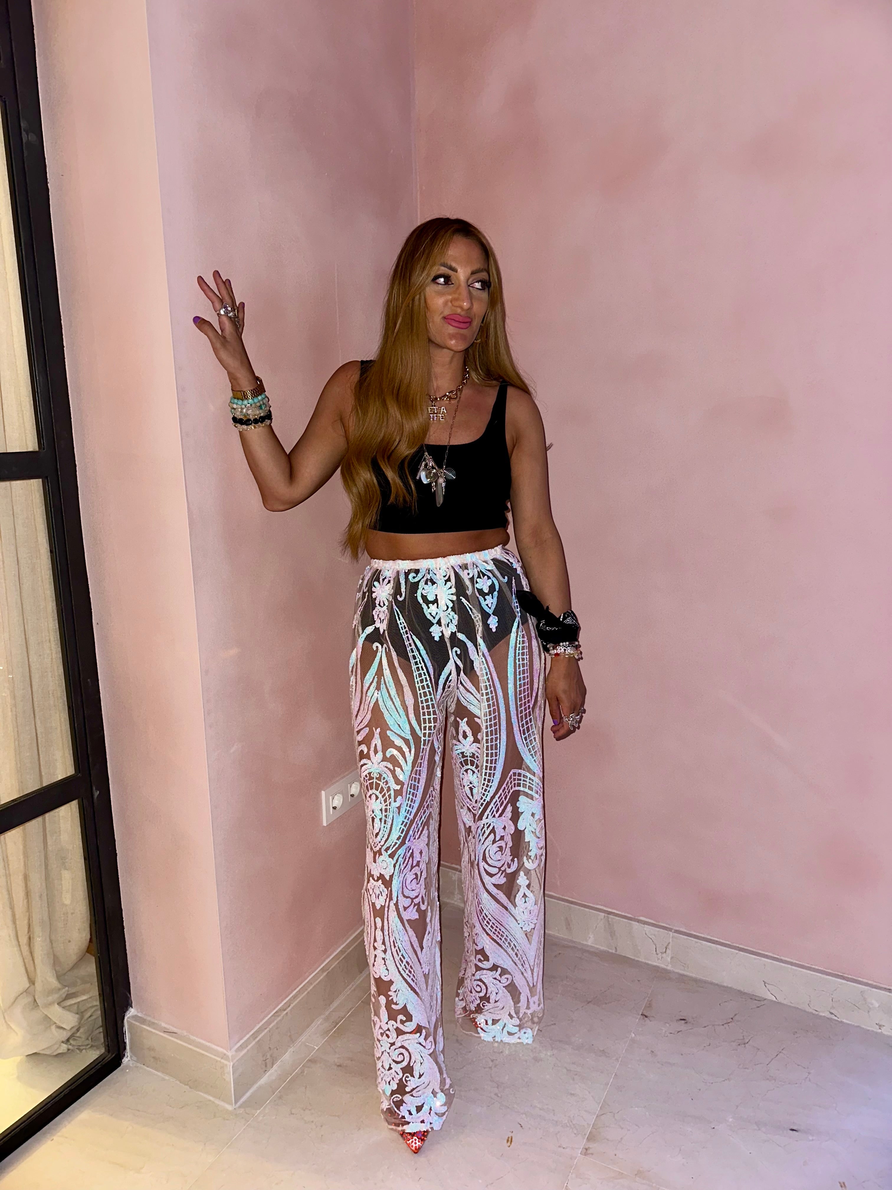 The Solaris Sequin Trousers In Iridescent White