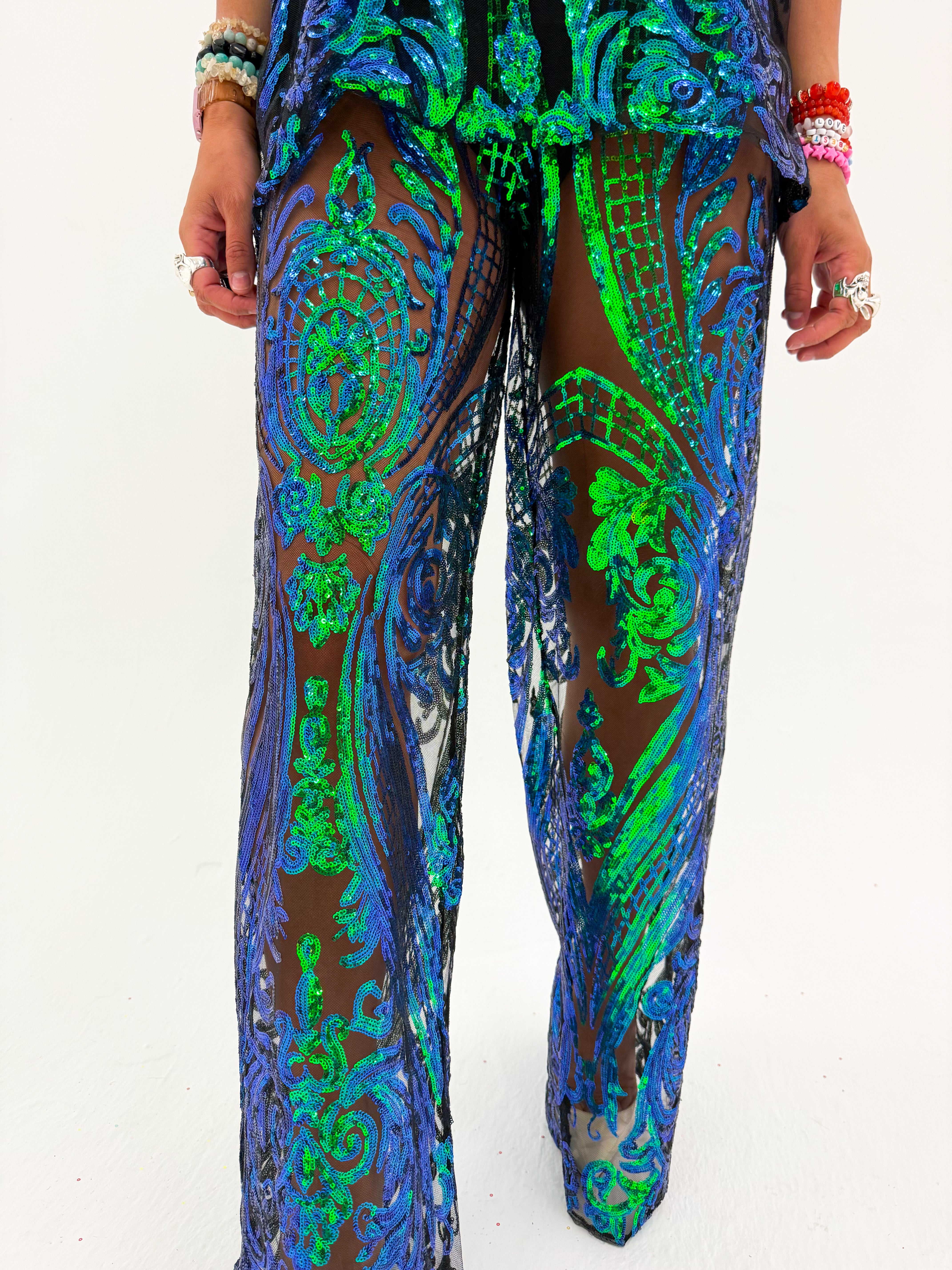 The Solaris Sequin Trousers In Bottle Green