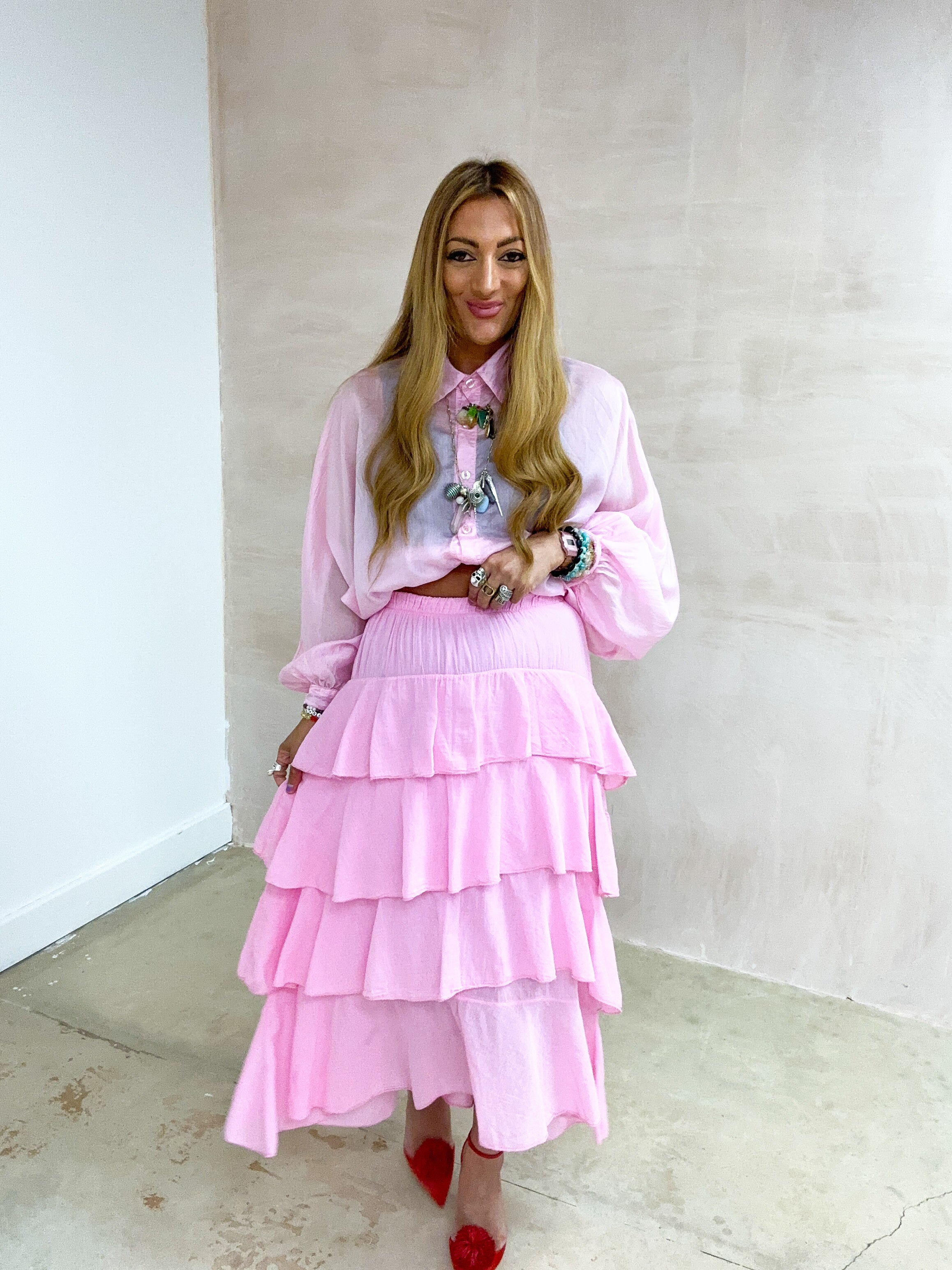 Tiered Ruffle Midi Skirt In Pink