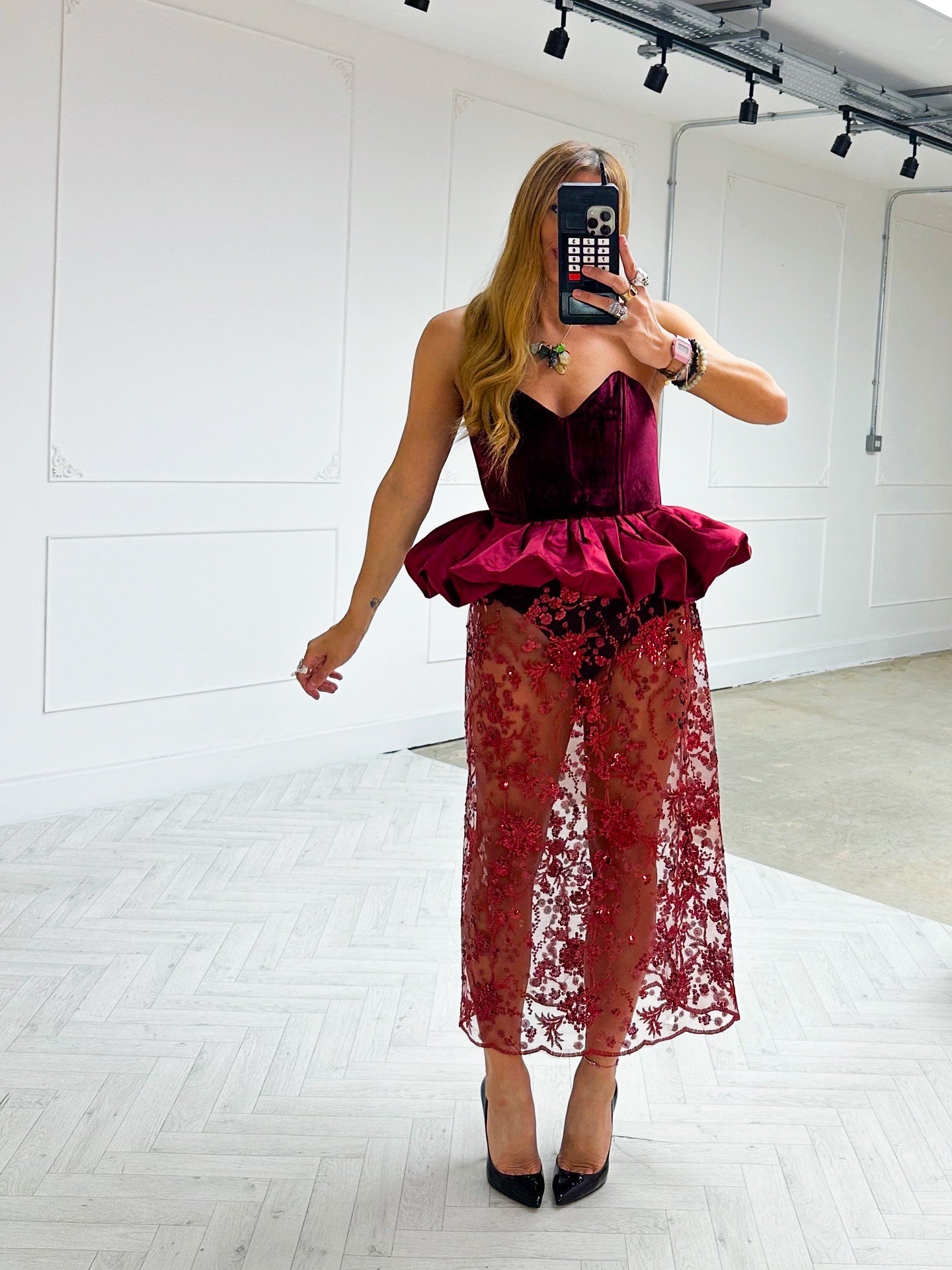 Velvet Peplum Bodice Top In Burgundy/Red