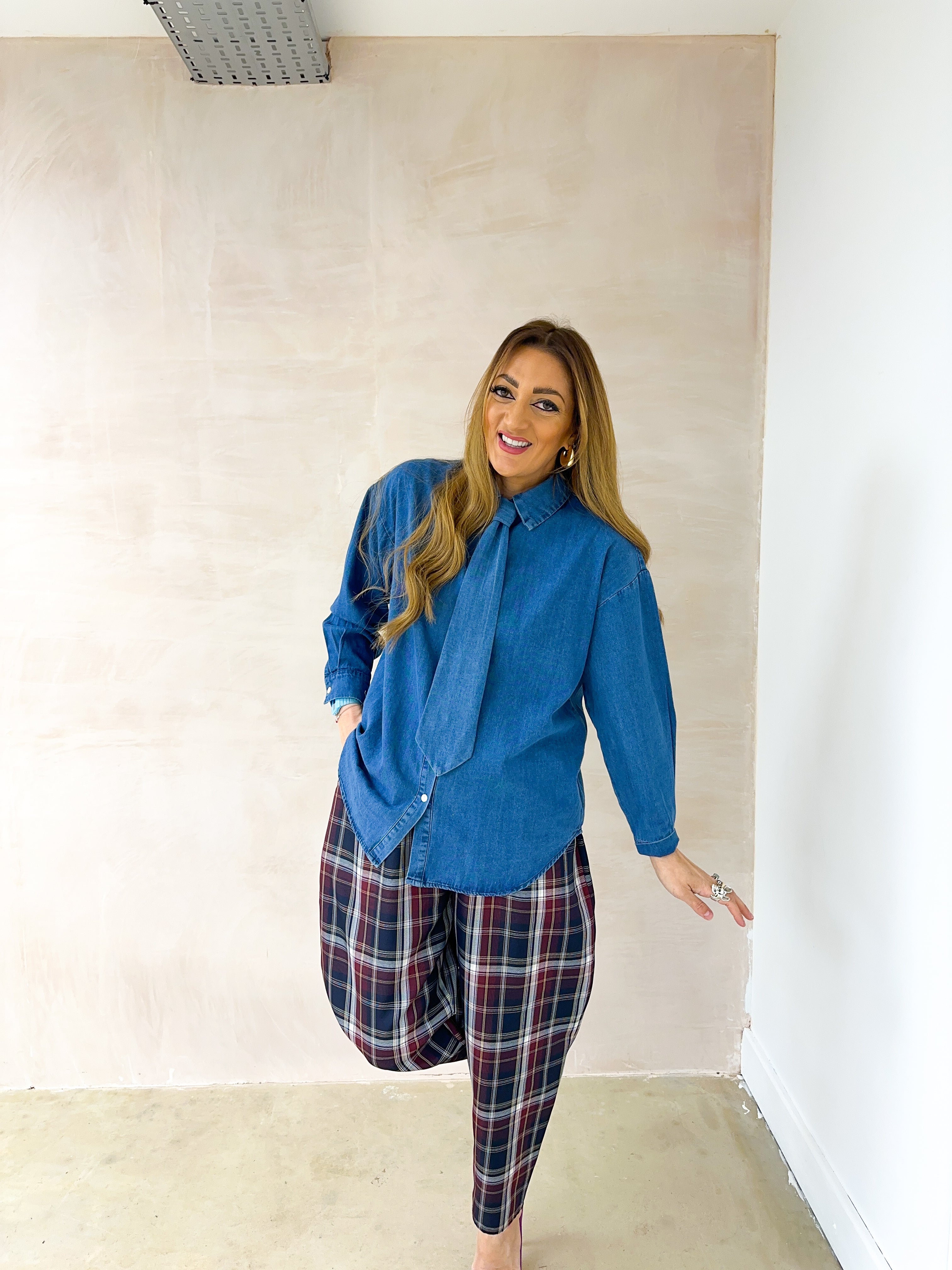 Relaxed Fit Tie Detail Shirt In Blue Denim