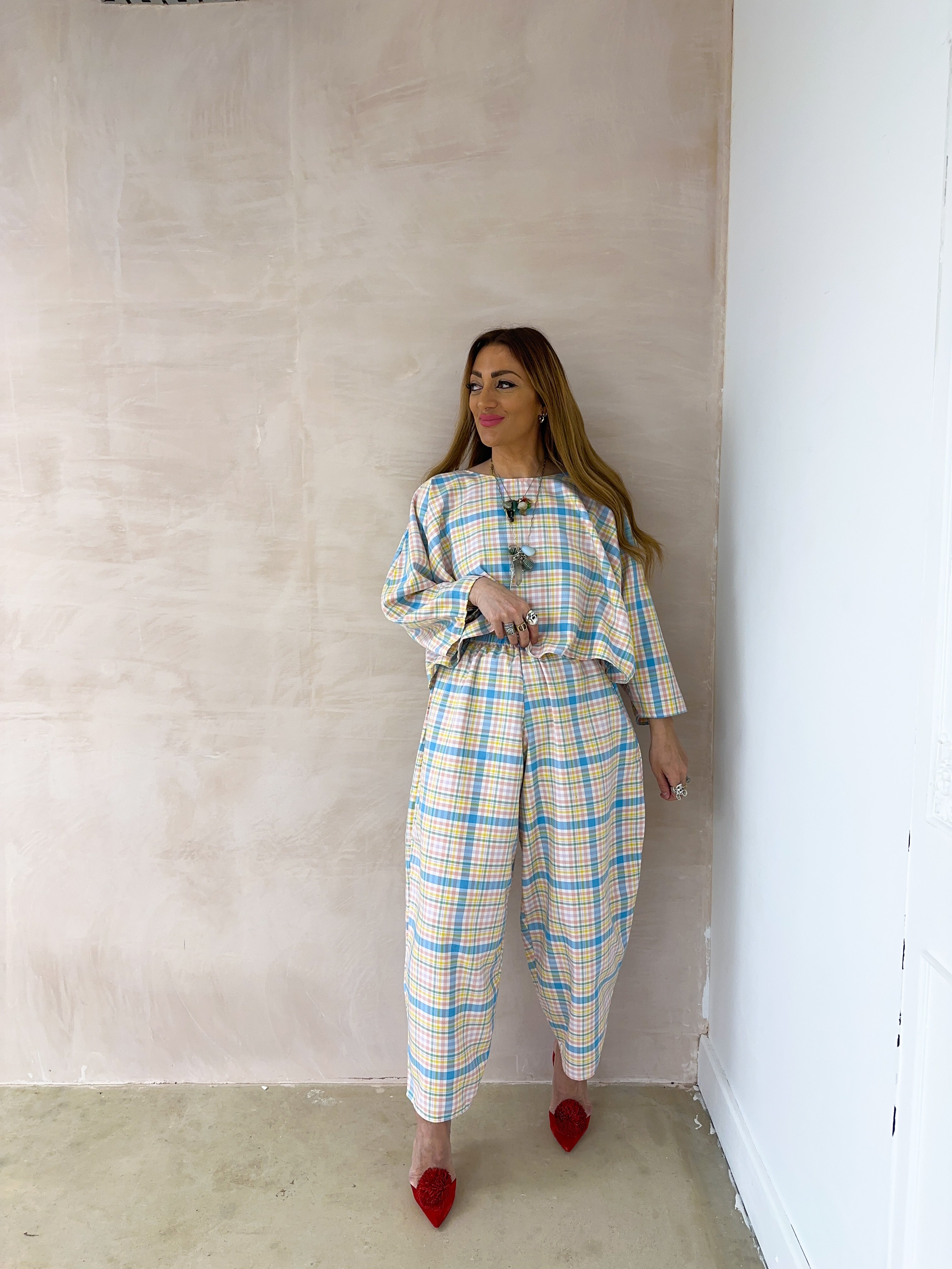 Muse Puff Sleeve Top In Pastel Tartan