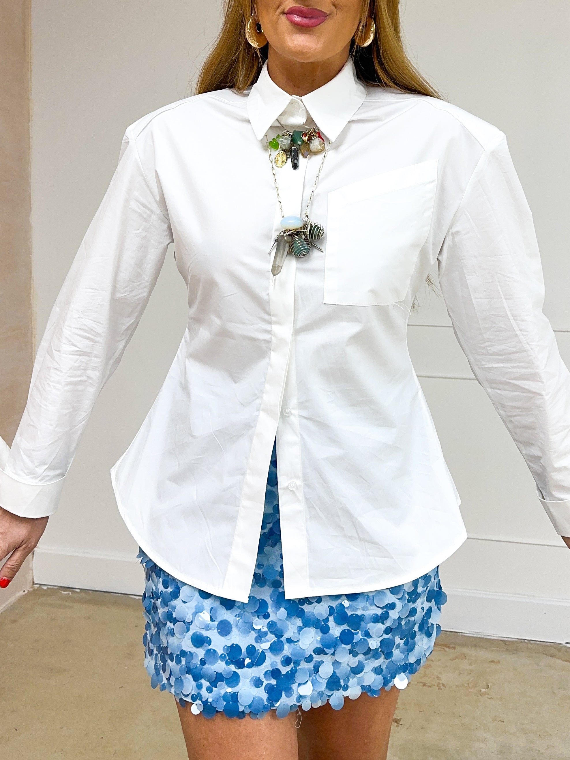 Shoulder Pad Open Back Shirt In White