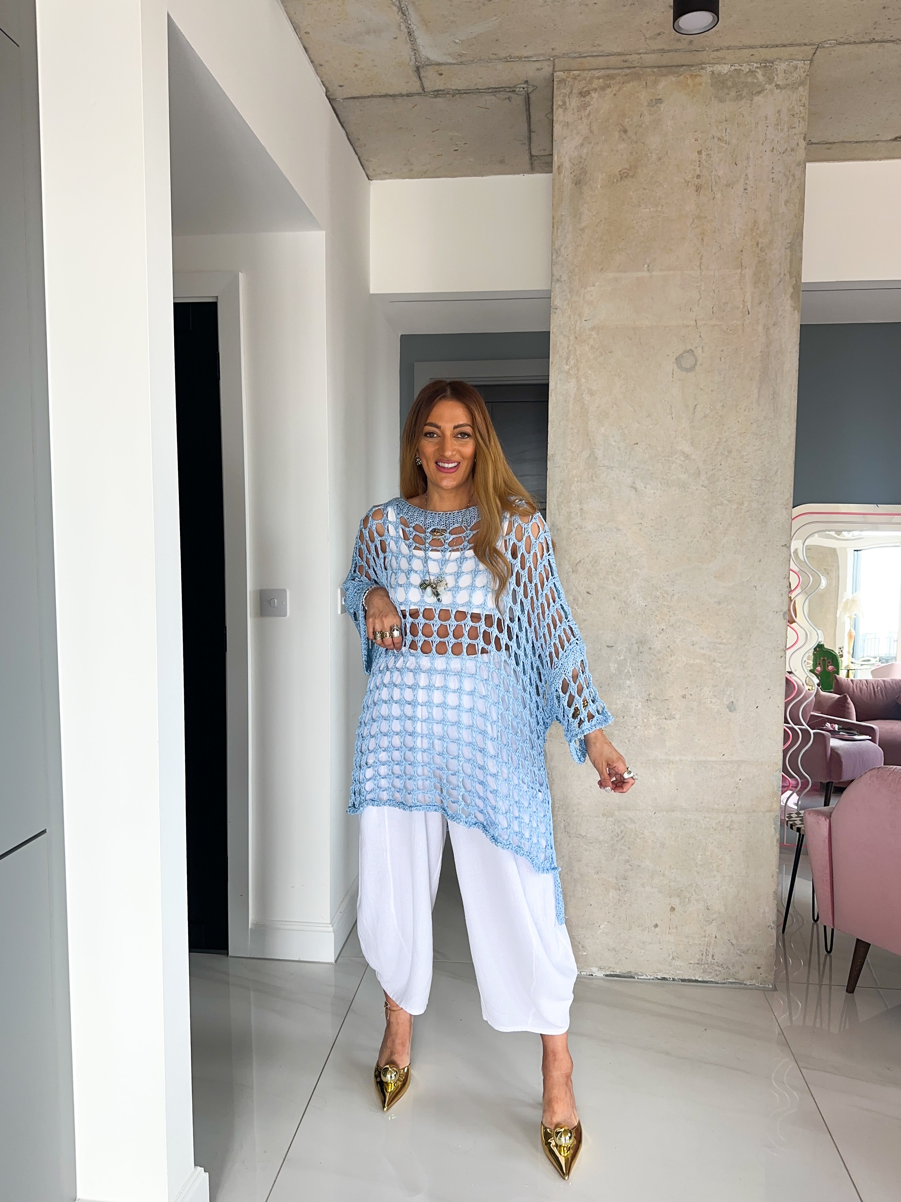 Loop Knit Oversized Sheer Jumper In Candy Blue