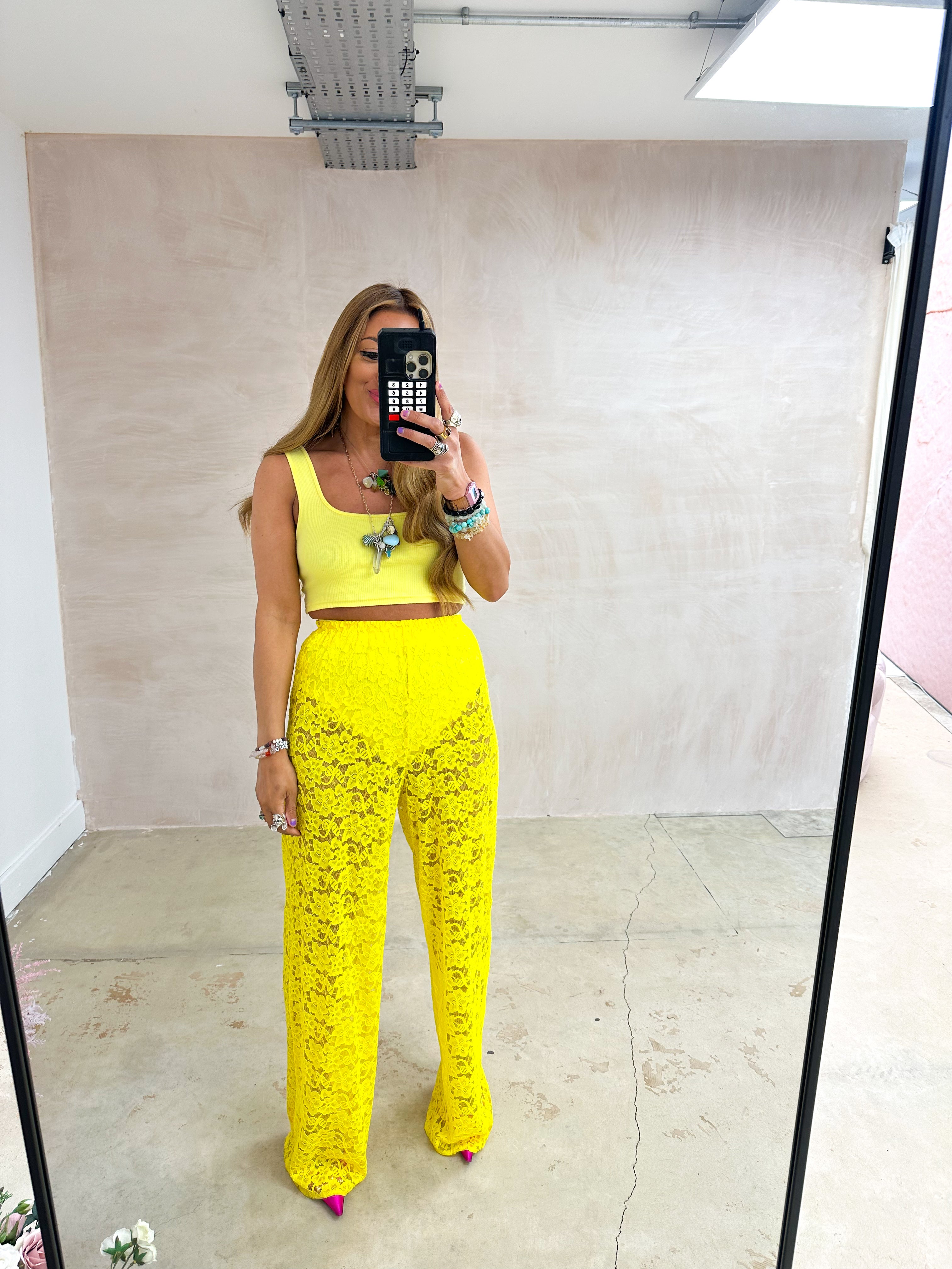 Wide Leg Lace Trousers In Yellow
