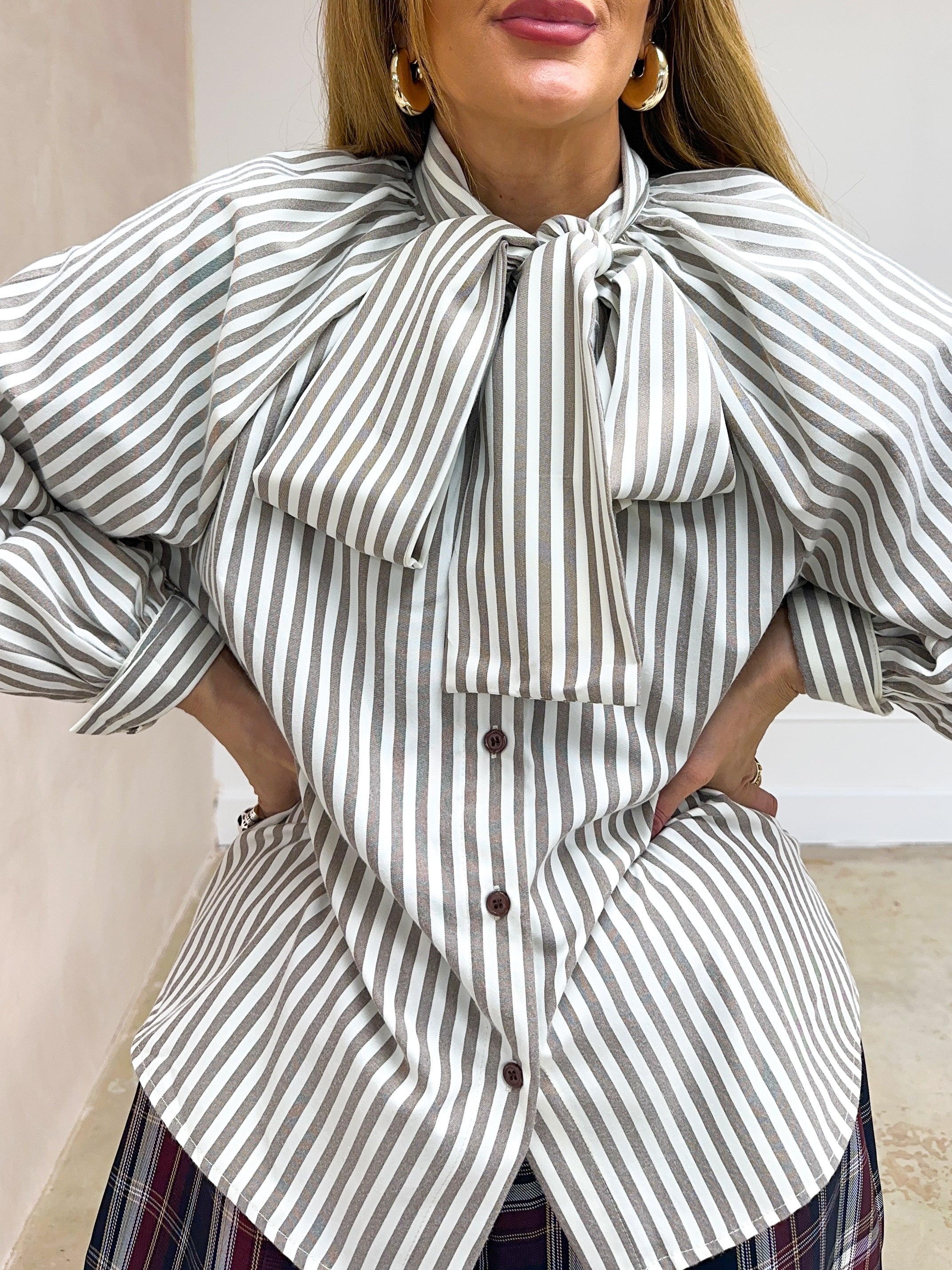 Stripe Bow Front Shirt In Brown And Cream