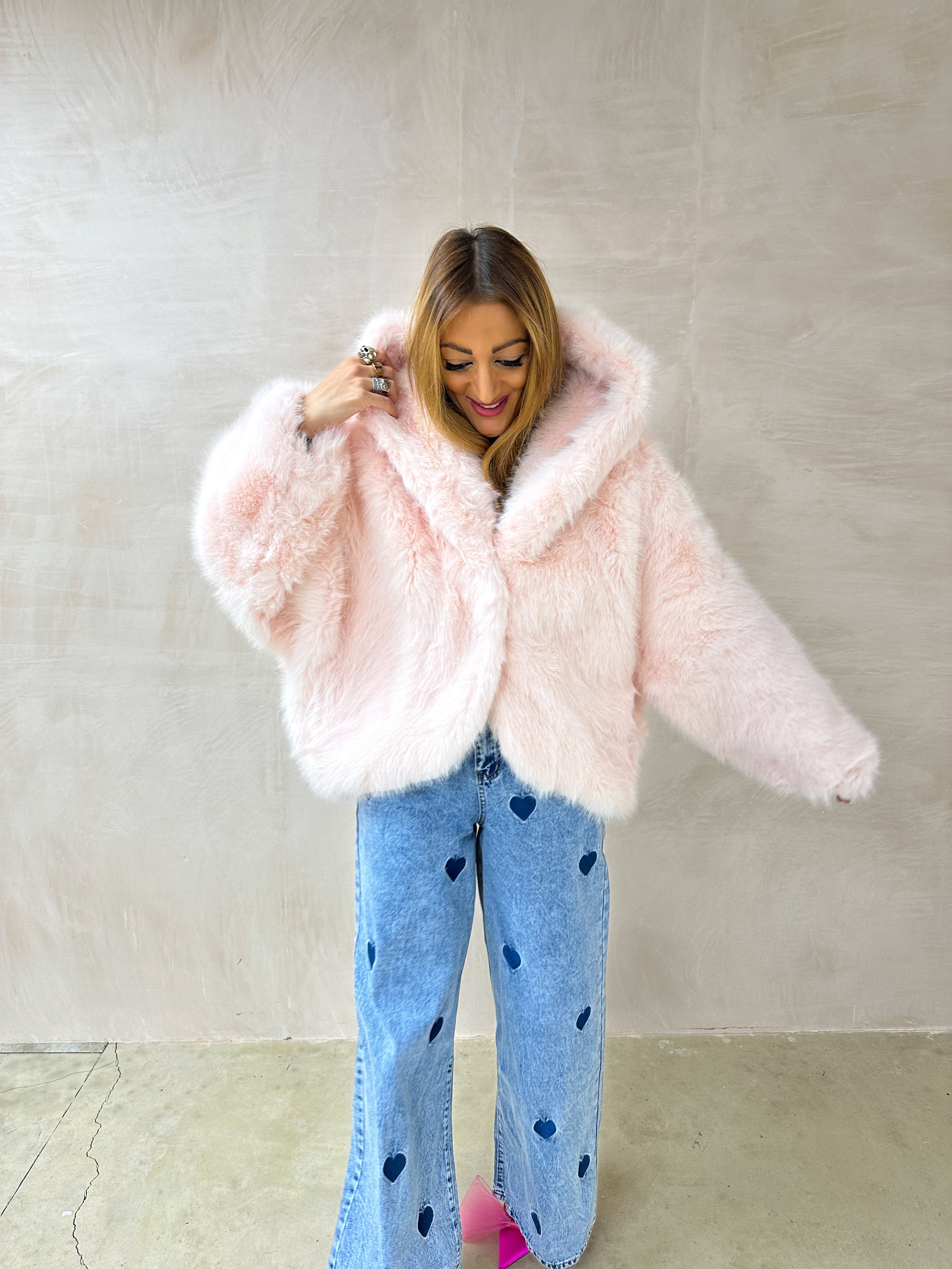Luxury Faux Fur Hooded Coat In Pink