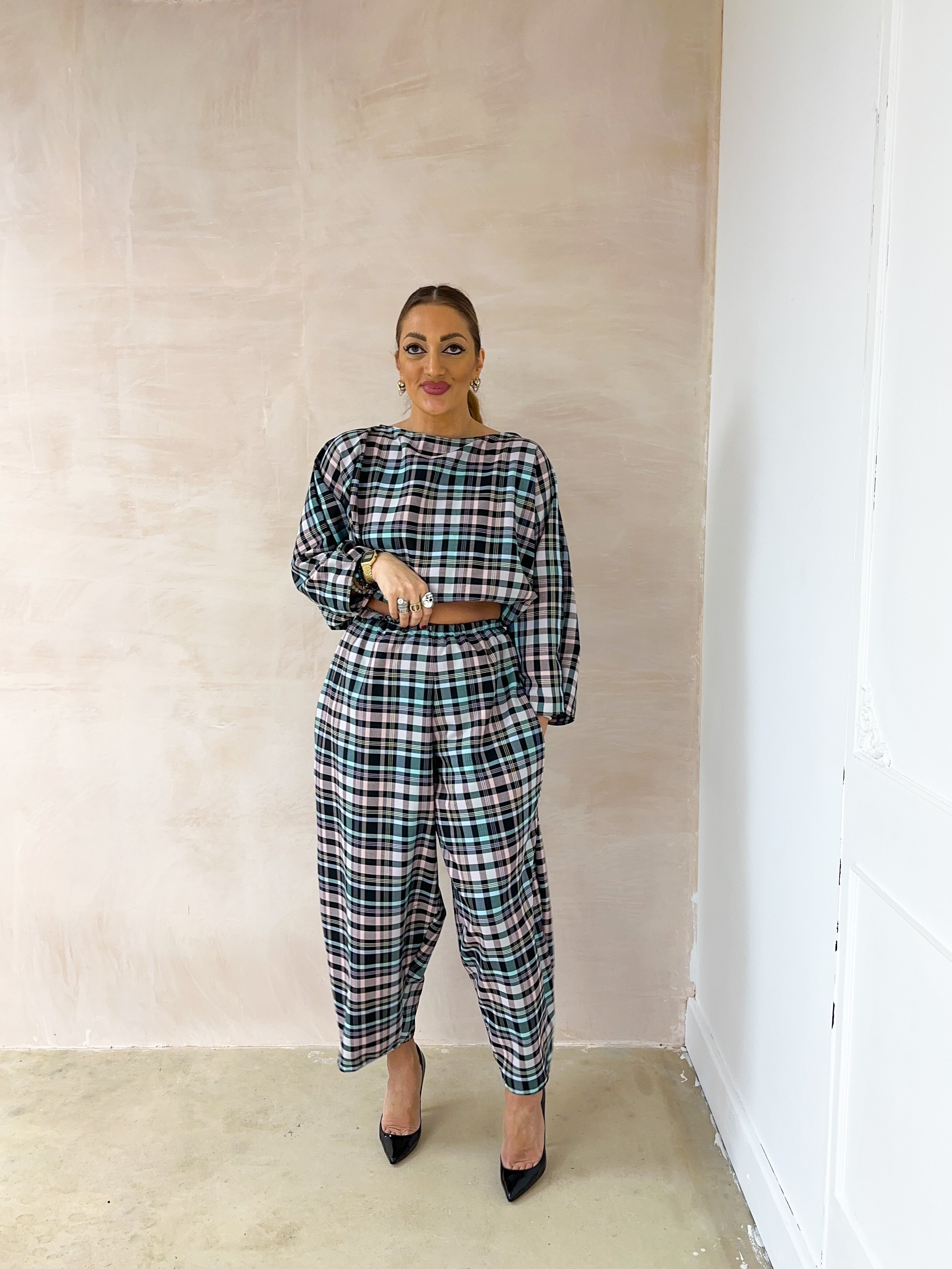 Muse Puff Sleeve Top In Colourful Pastel Tartan