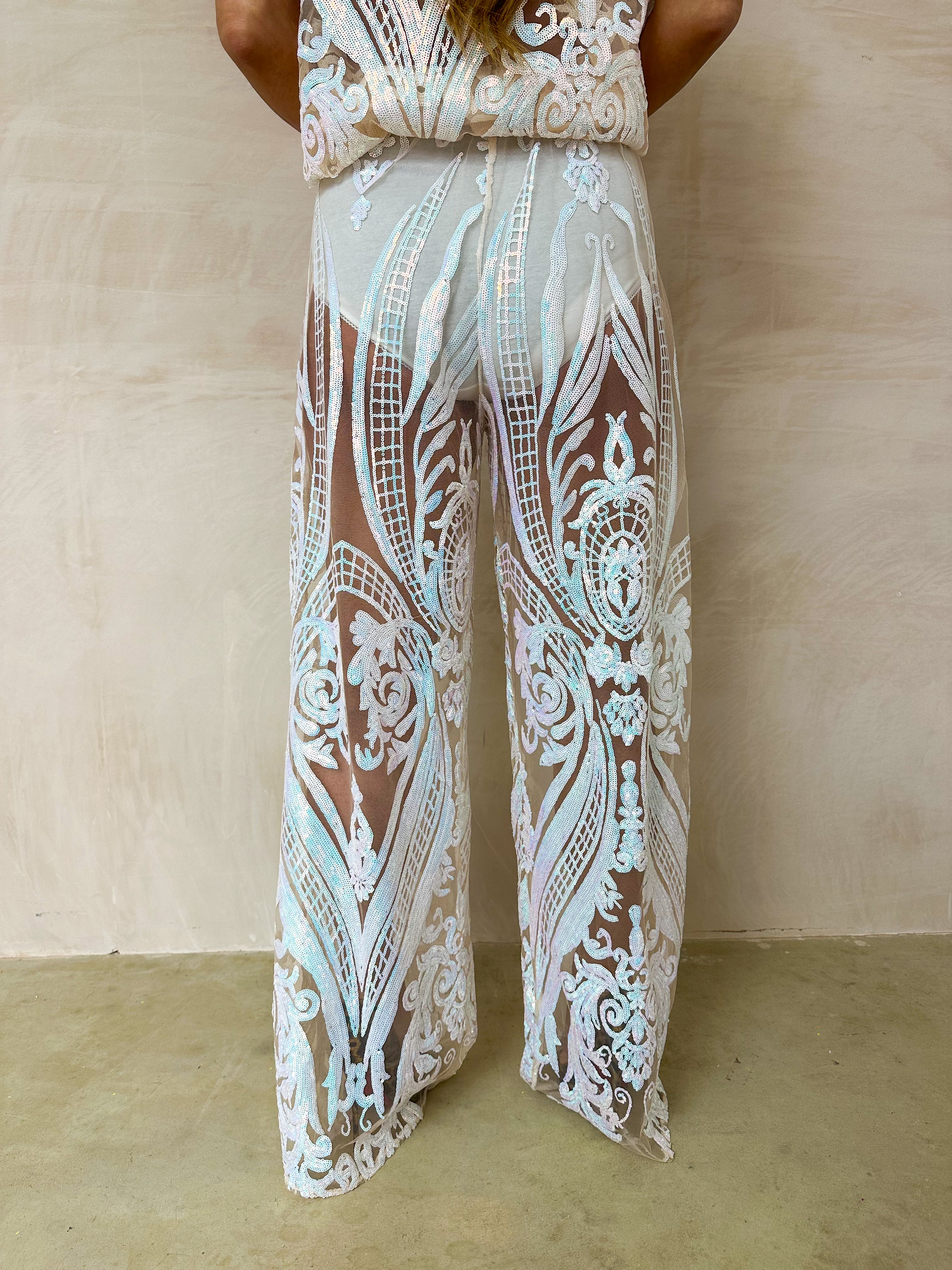 The Solaris Sequin Trousers In Iridescent White