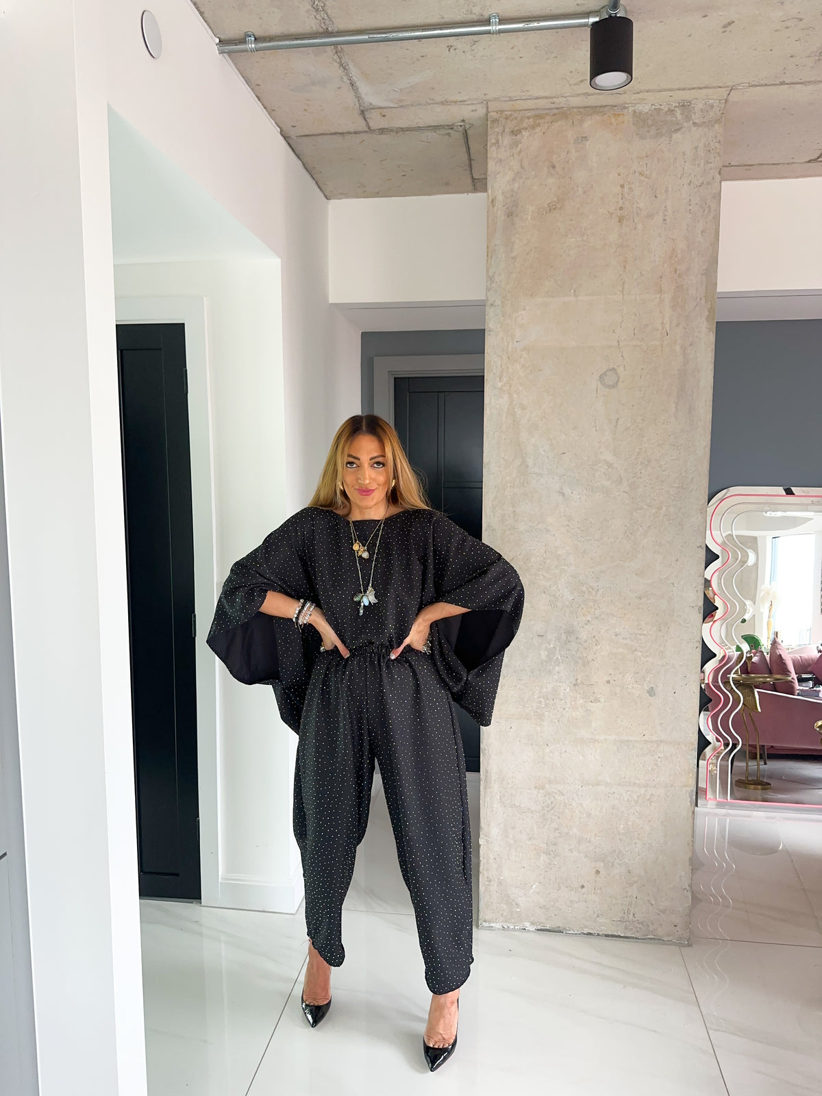 Core 0.2 Scattered Rhinestone Kimono Style Top In Black