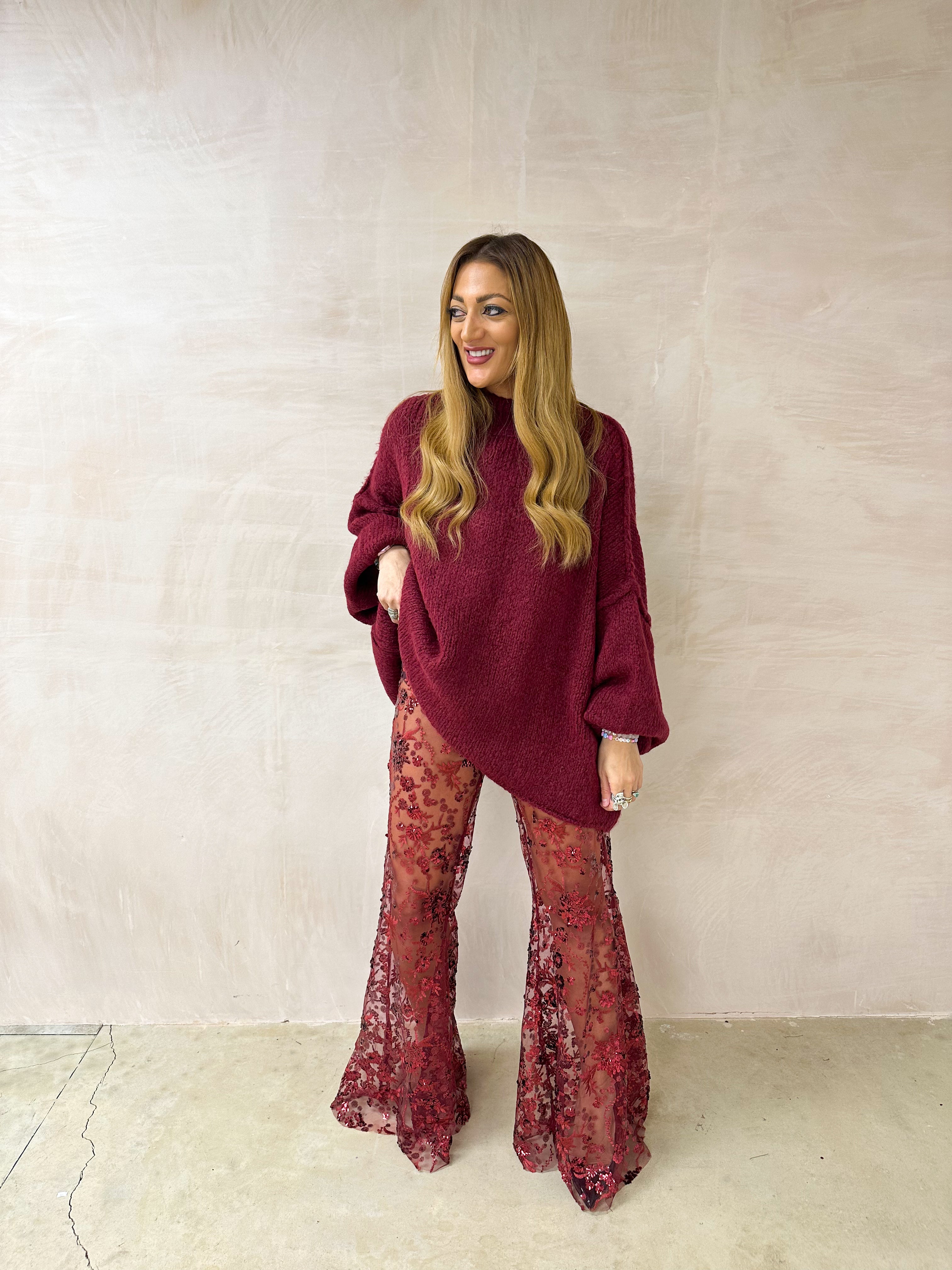 Chunky Knit Oversized Jumper In Burgundy