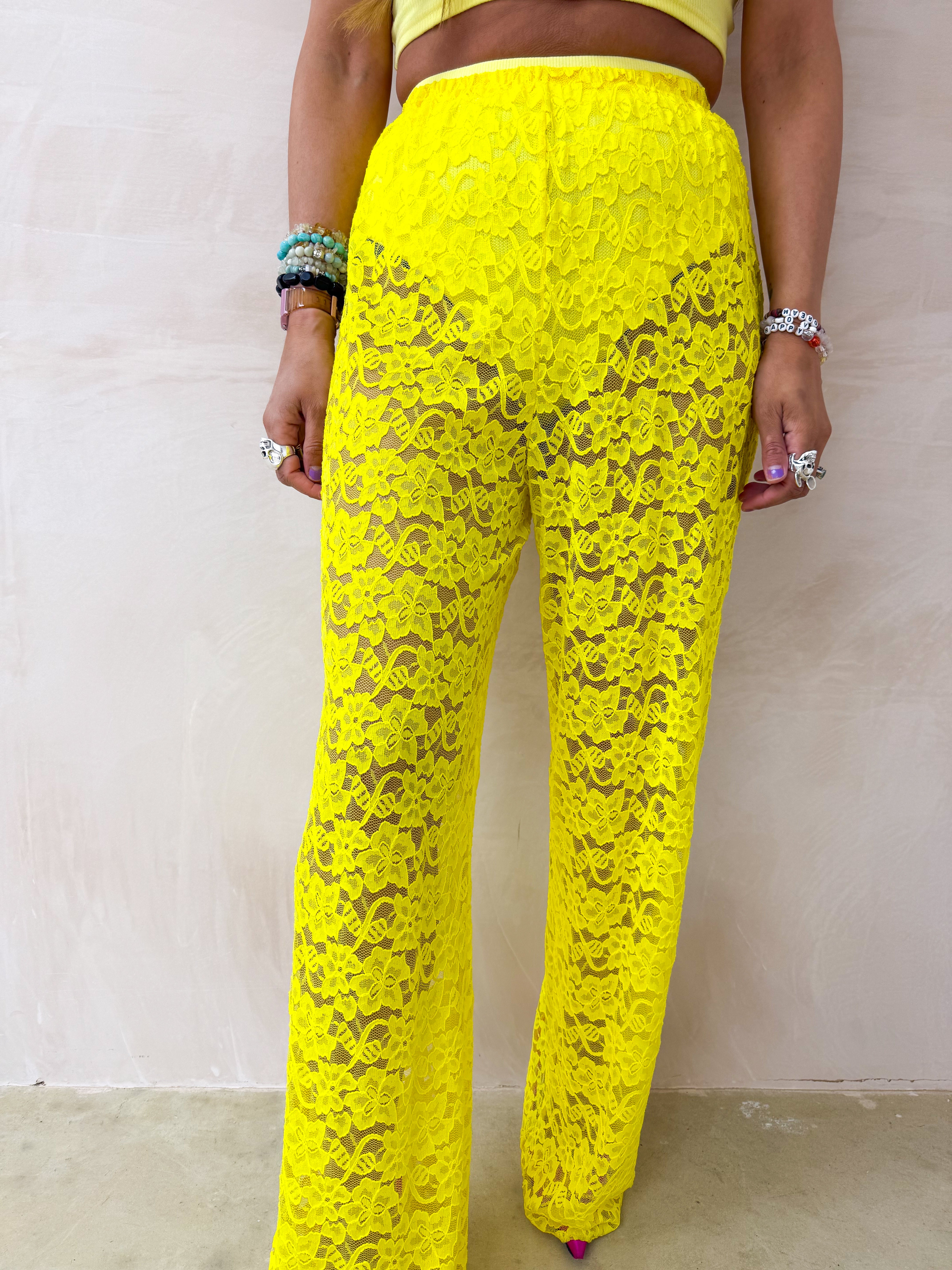 Wide Leg Lace Trousers In Yellow