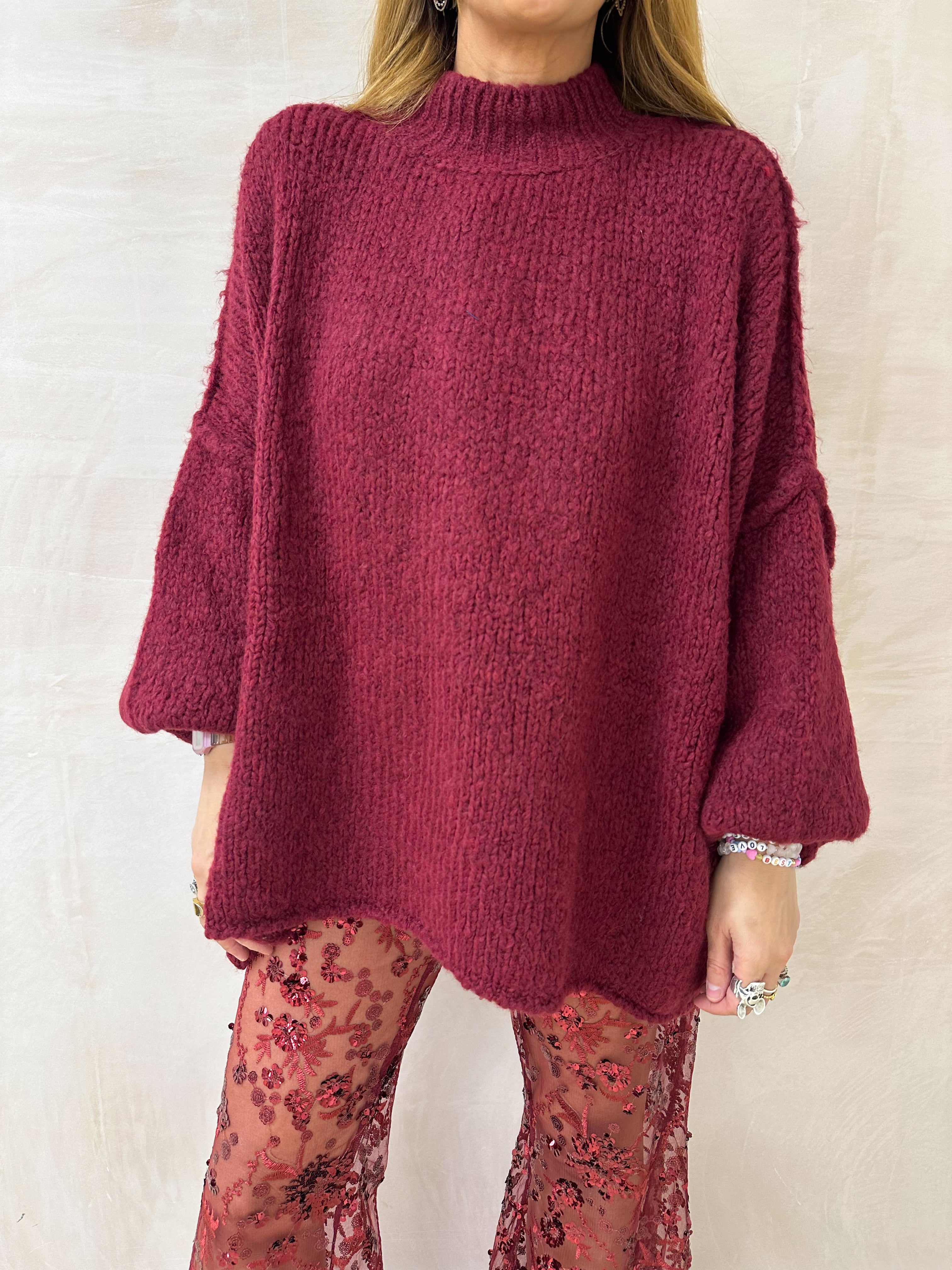 Chunky Knit Oversized Jumper In Burgundy