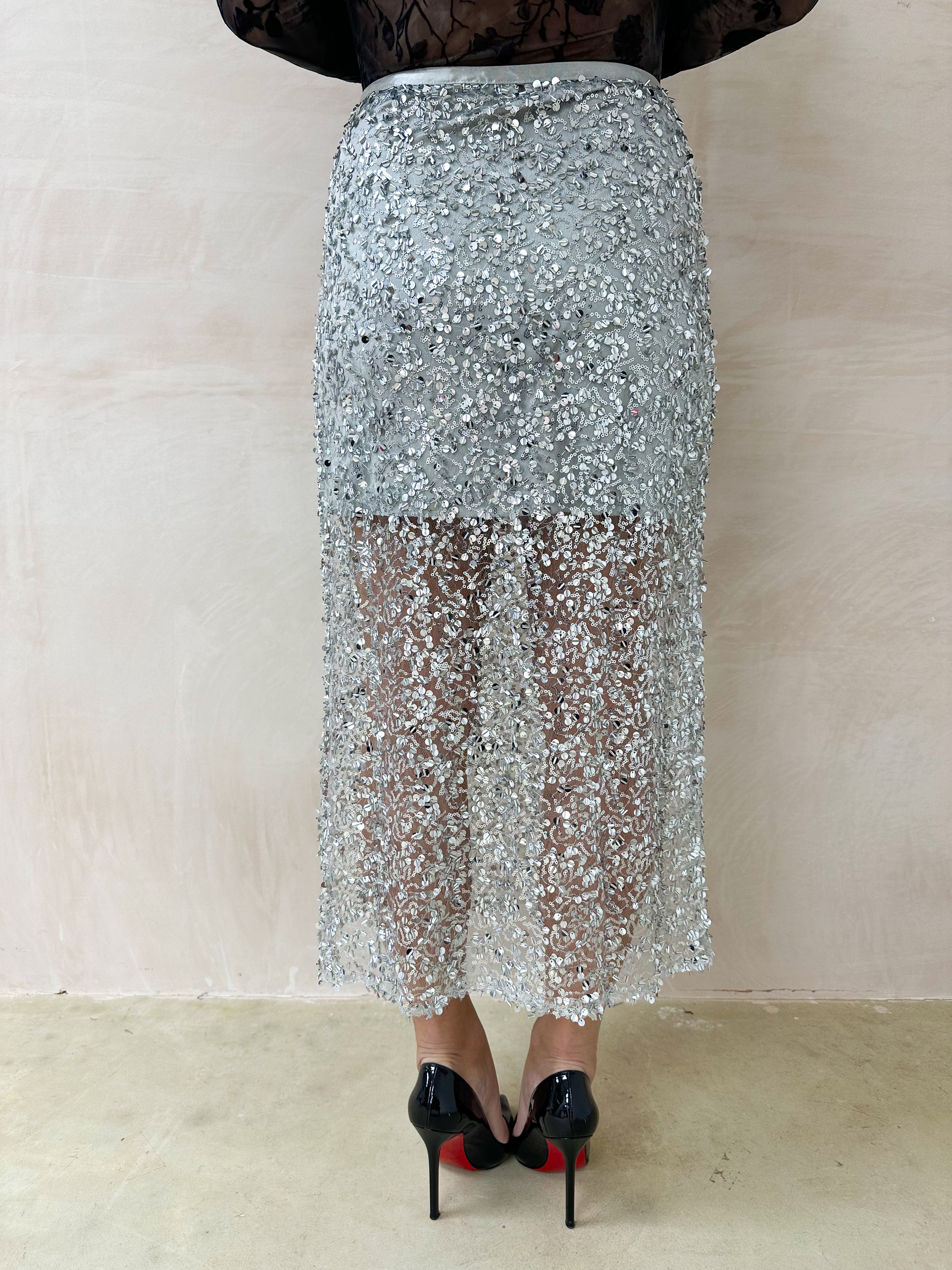 Scattered Sequin Midi Skirt In Silver