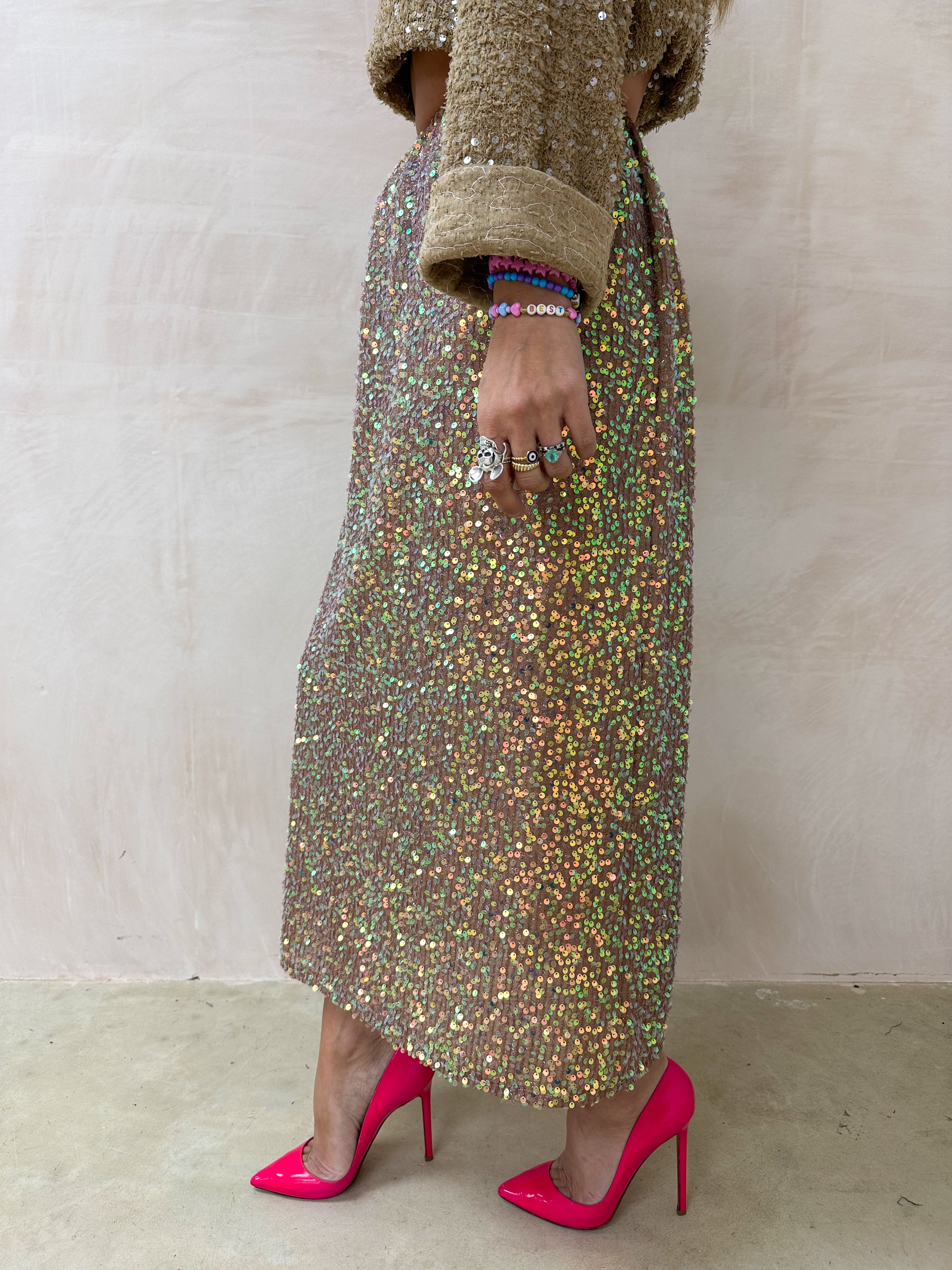 'Candy' Iridescent Sequin Midi Skirt In Nude