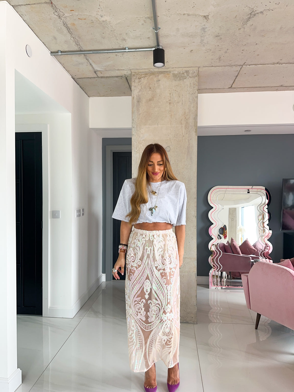 Solaris Fortuna Sequin Midi Skirt In Champagne