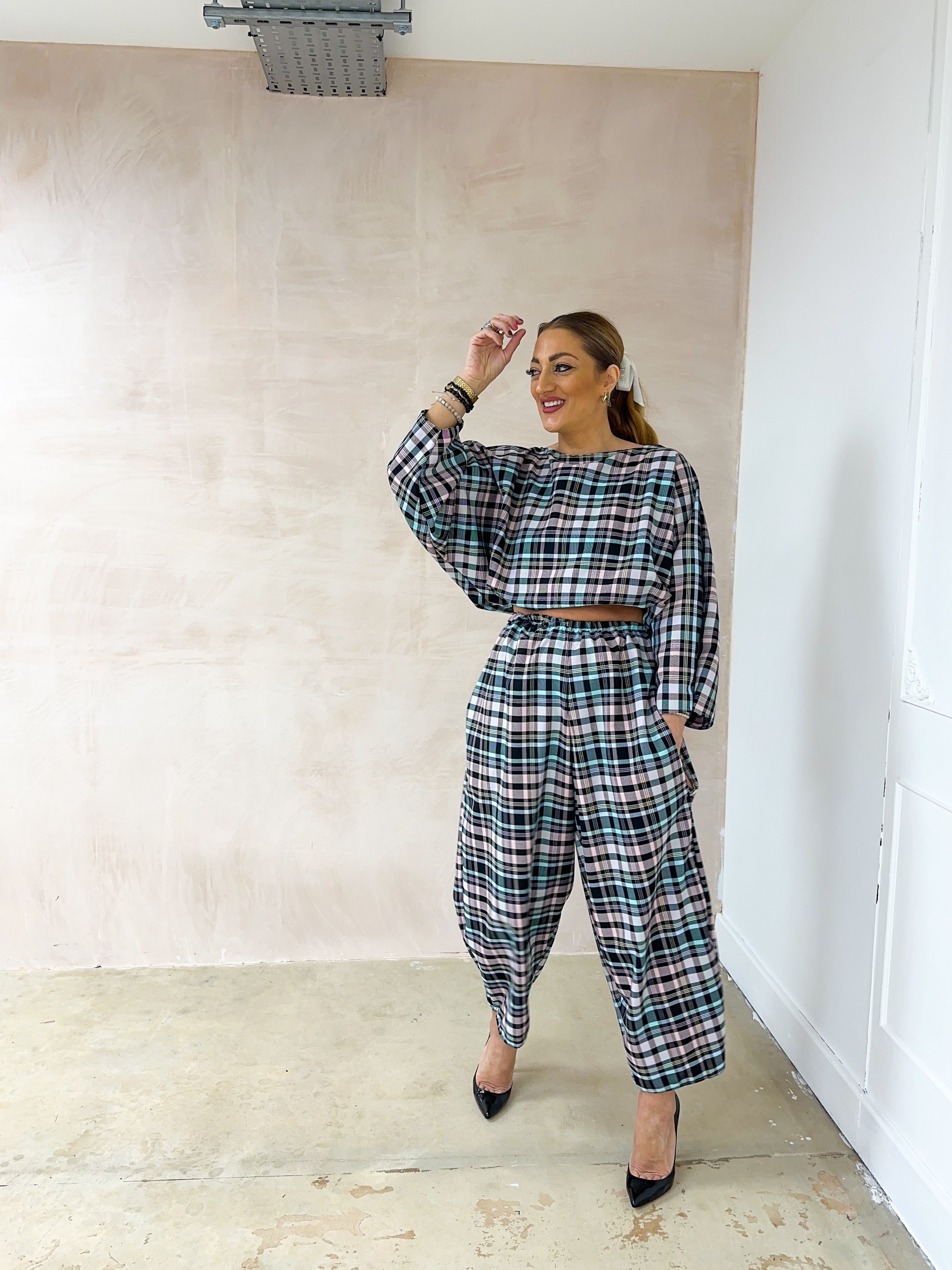 Muse Balloon Trousers In Colourful Pastel Tartan