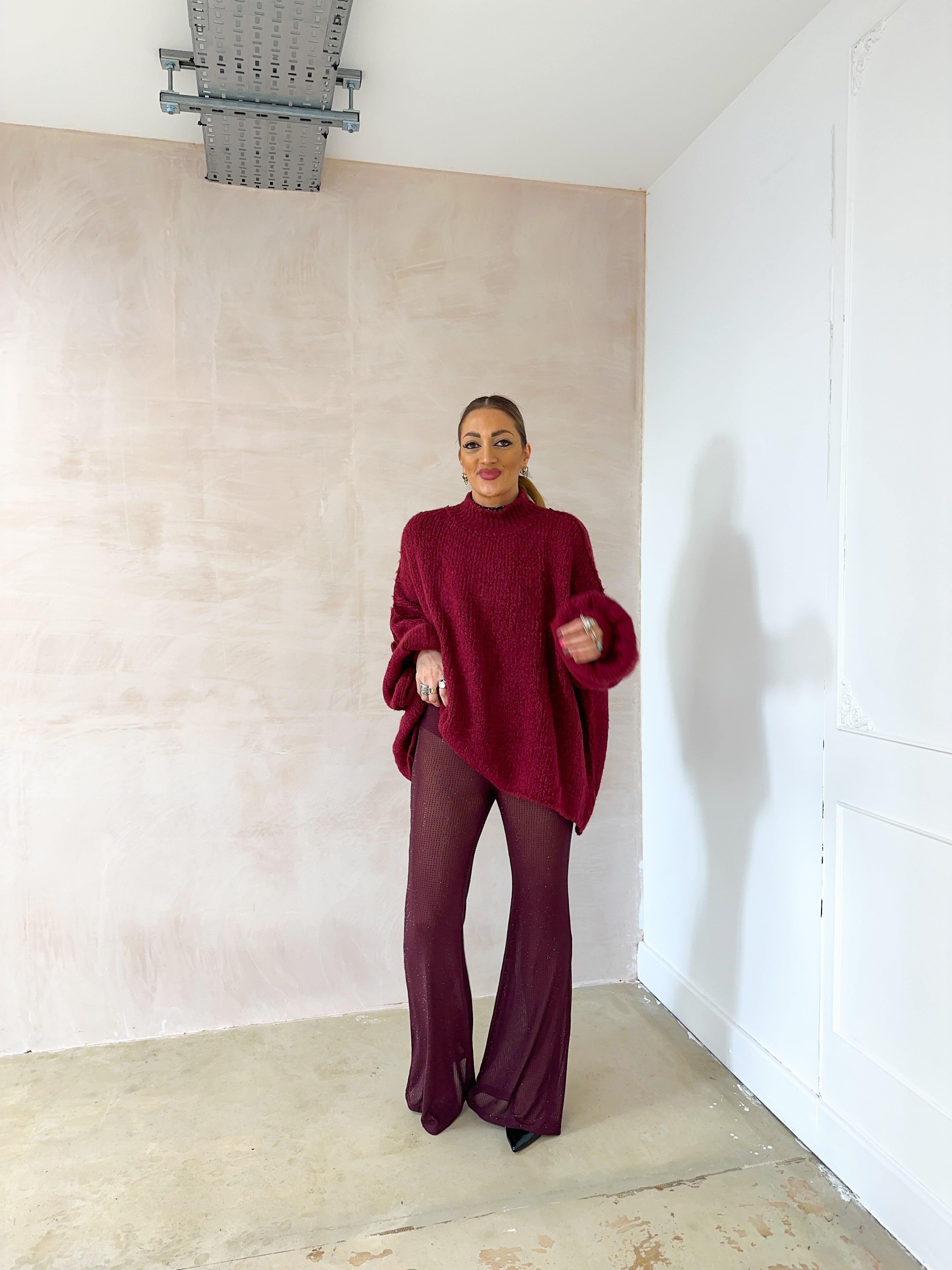 High Waisted Sheer Diamante Flares In Burgundy