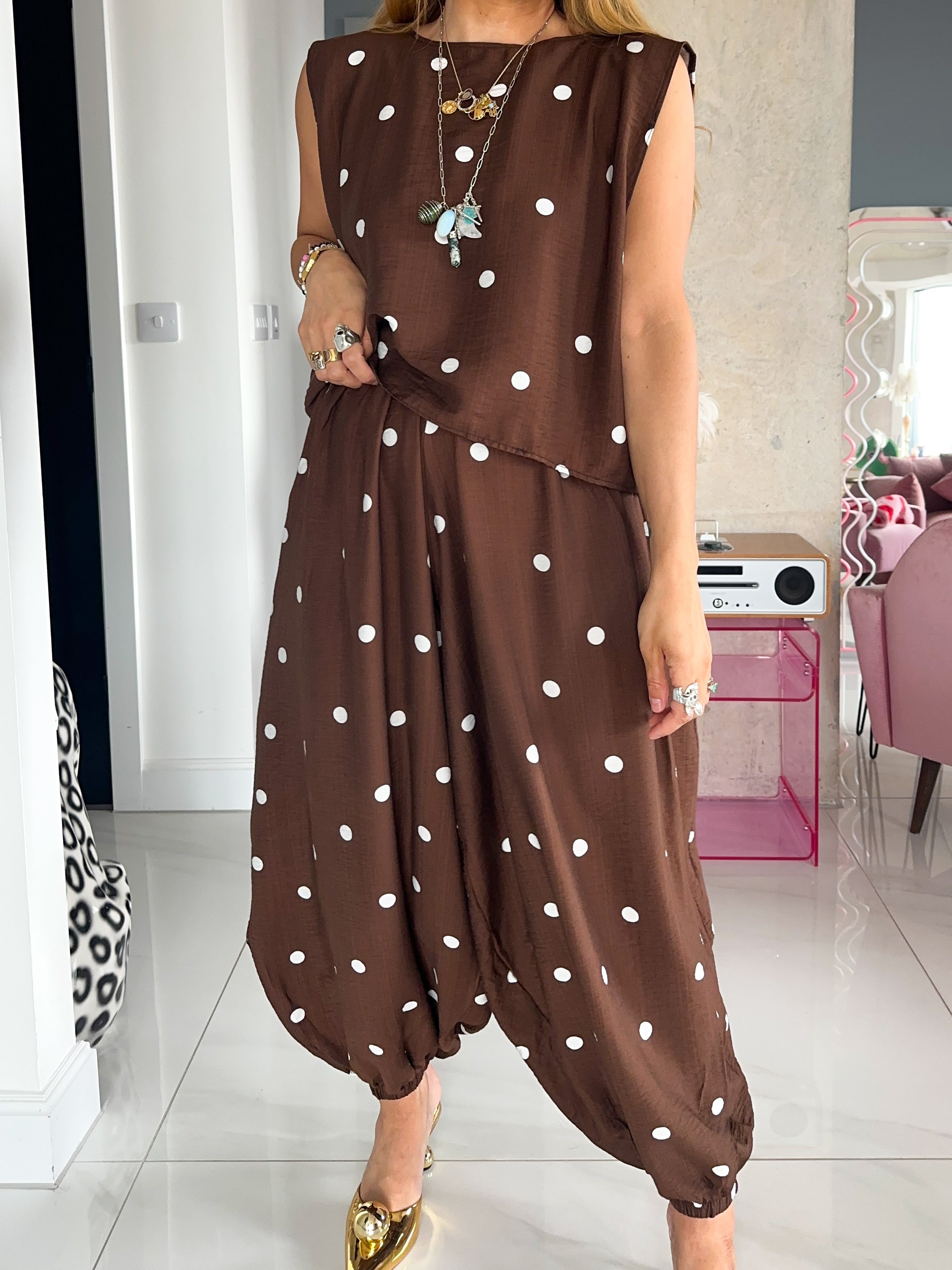 The Jasmine Aladdin Trousers In Brown Polka Dot
