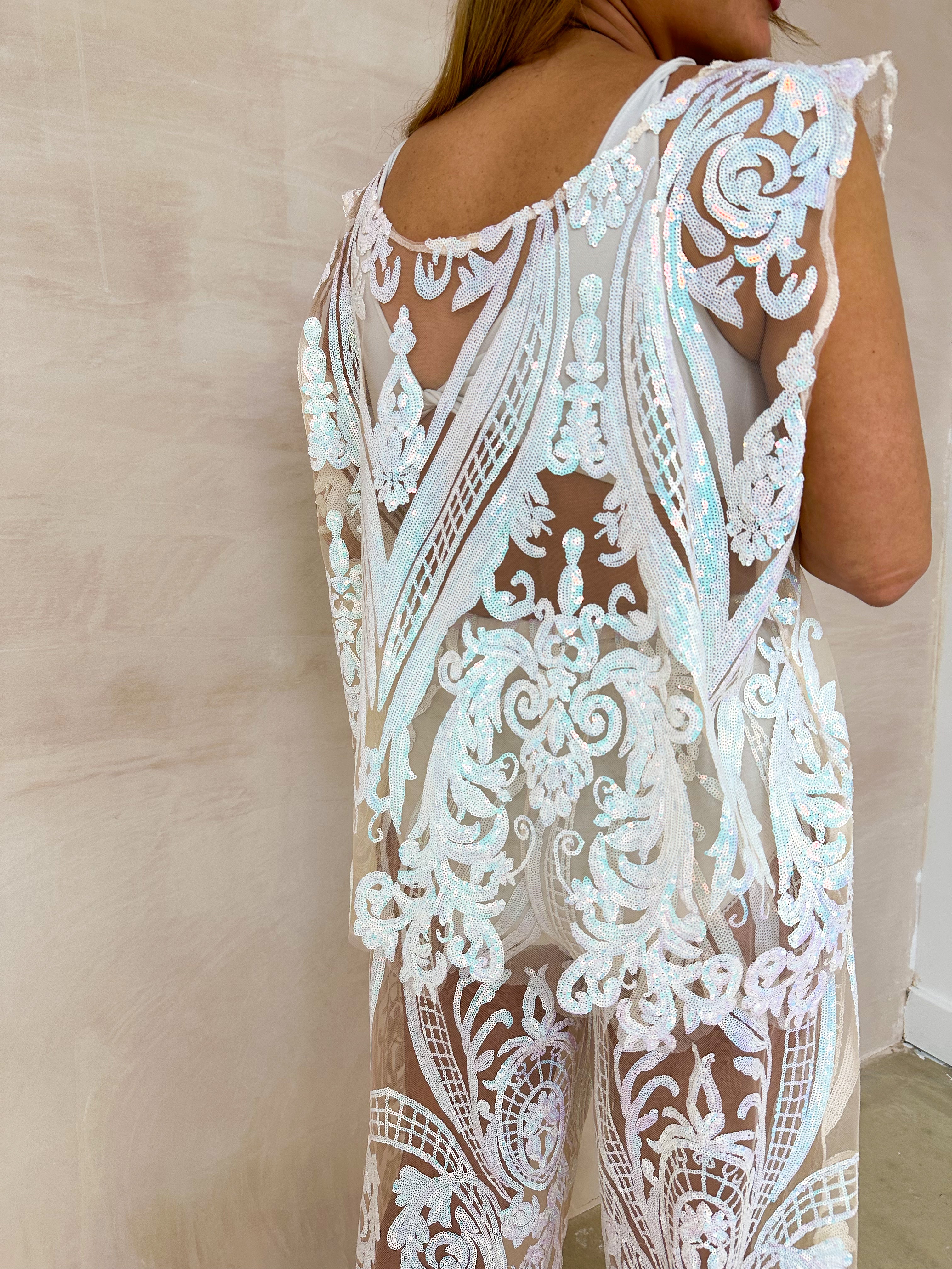 The Solaris Mesh Top In Iridescent White Sequin