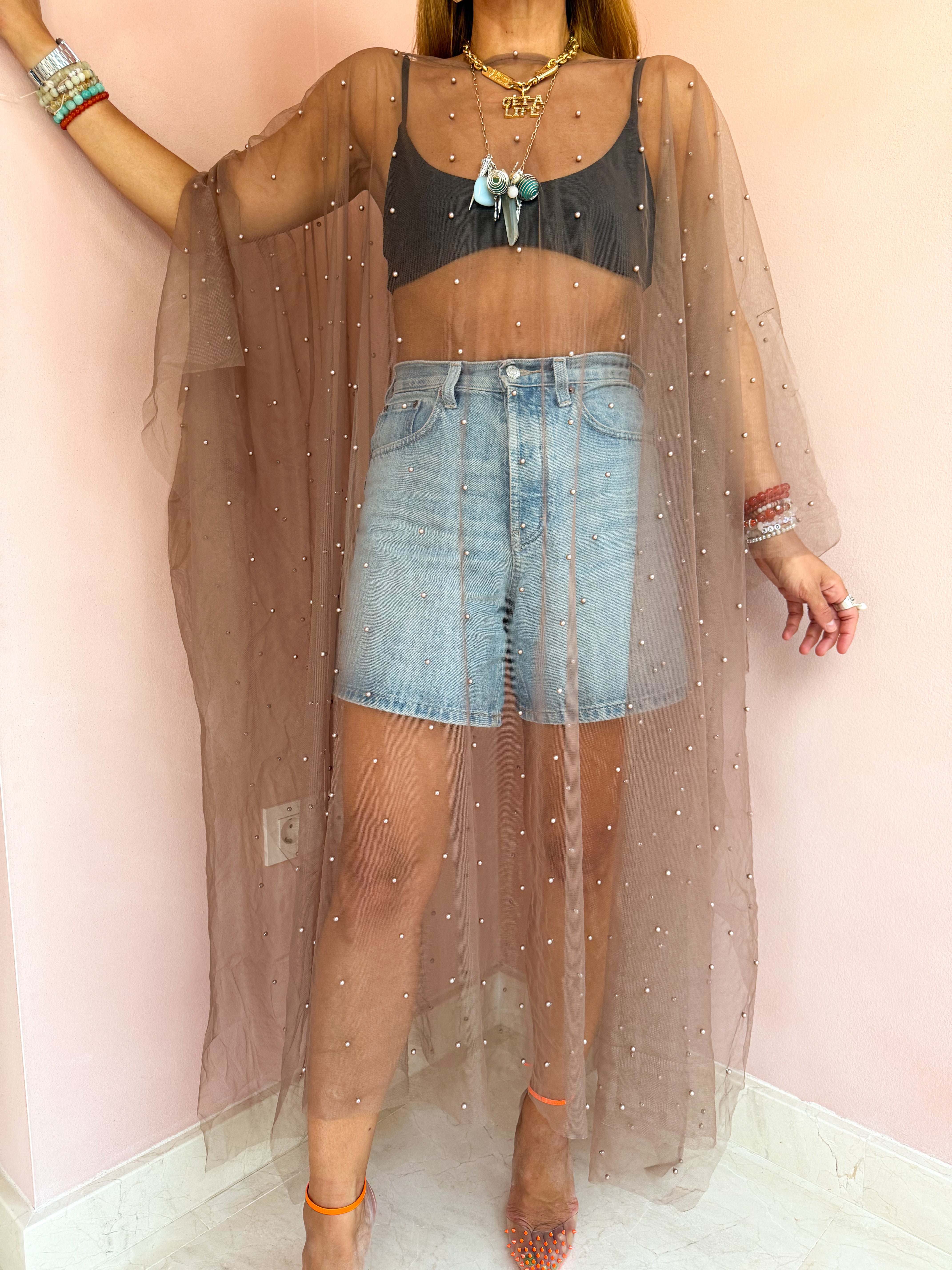 Tulle Vixen Pearl Mesh Kimono In Latte