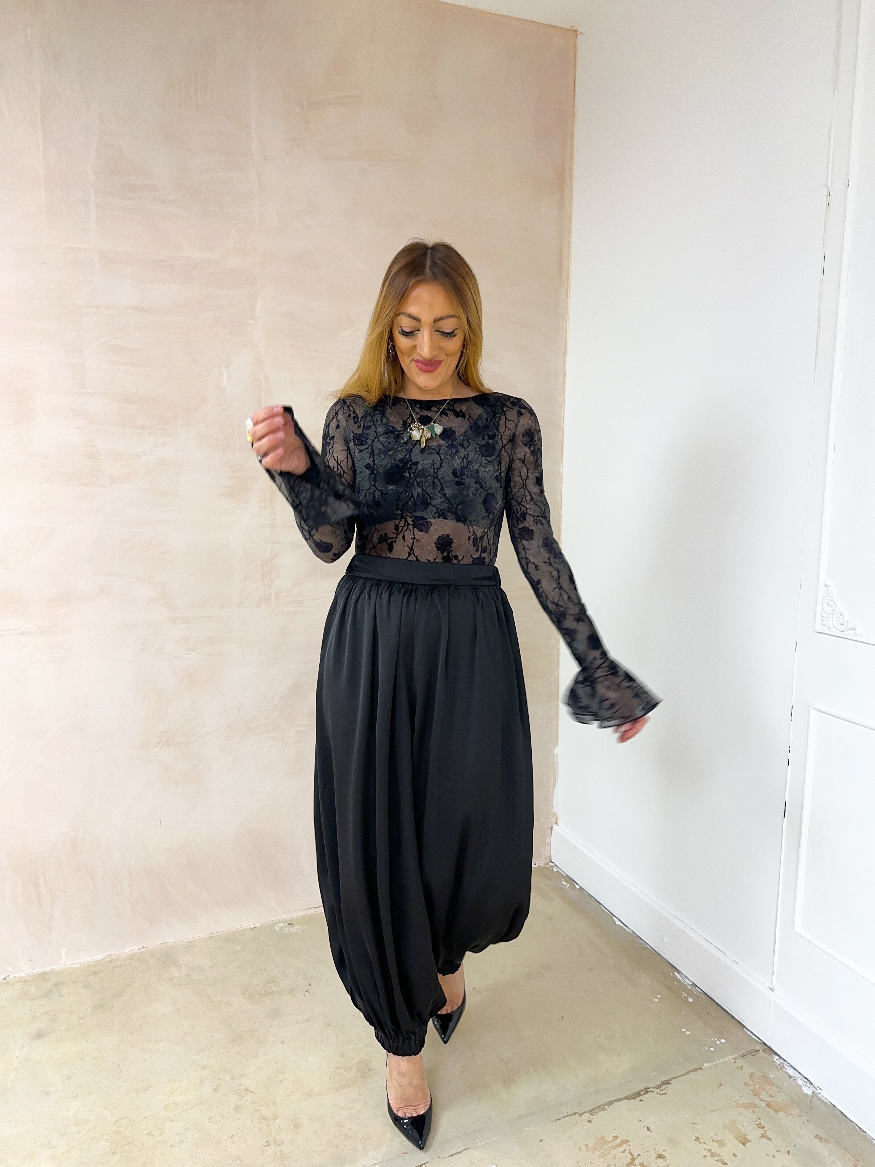 Flared Sleeve Floral Mesh Bodysuit In Black