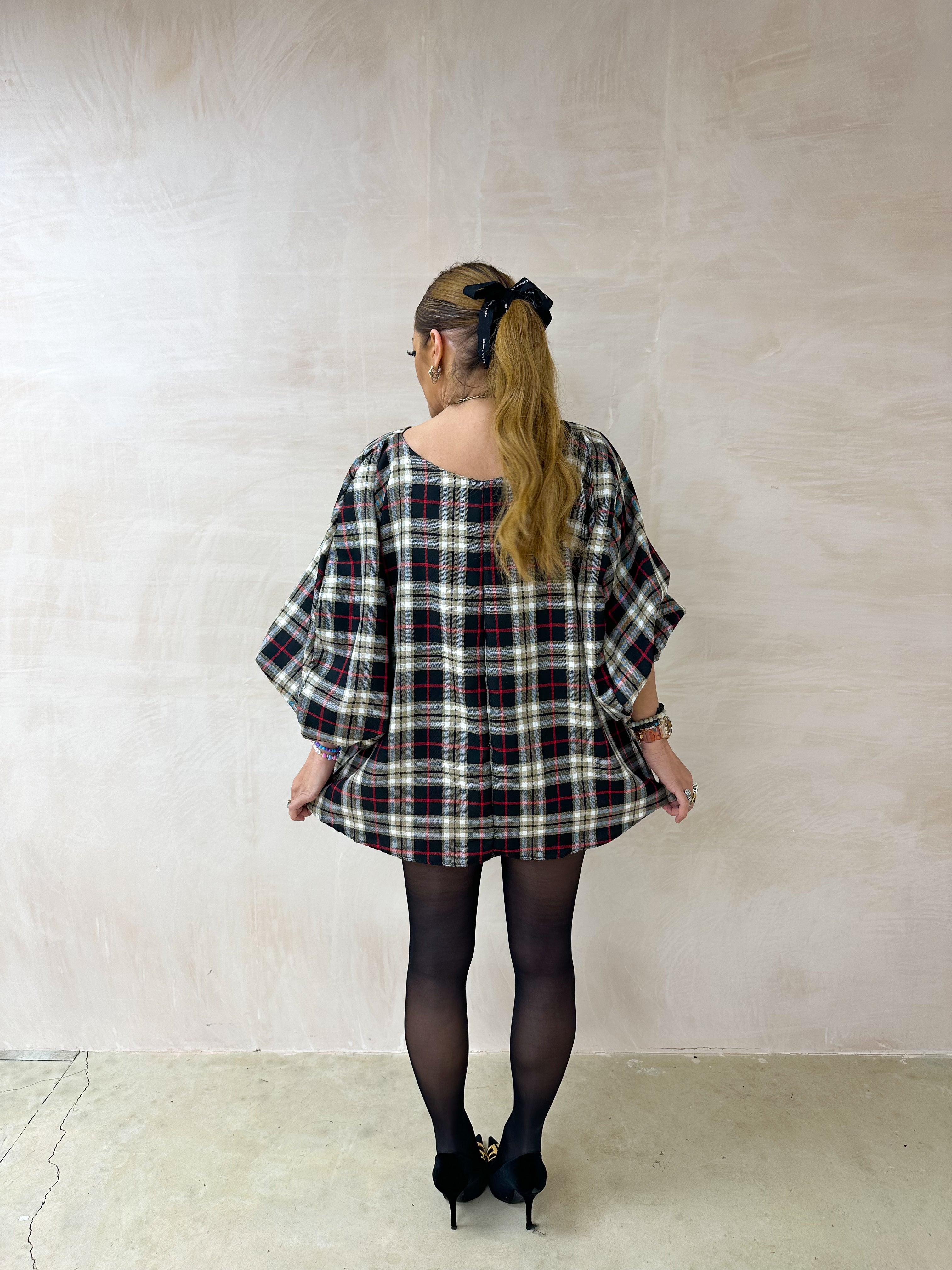 Puff Sleeve Mini Dress in Black/Burgundy Tartan