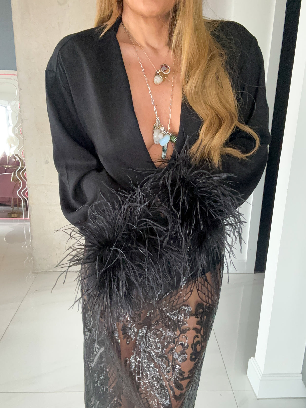 Black Feather Cuff Shirt In Black