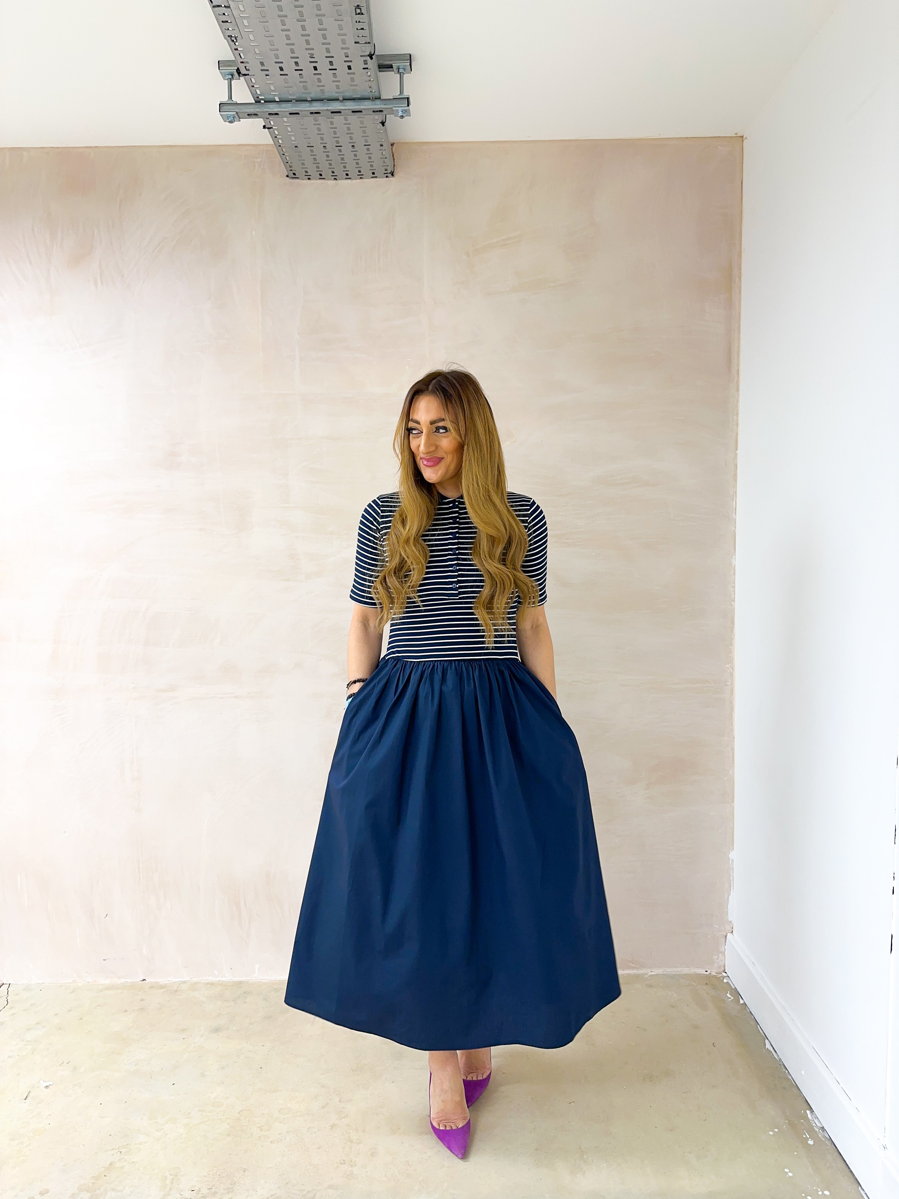 T-Shirt Style Midi Dress In Navy Stripe
