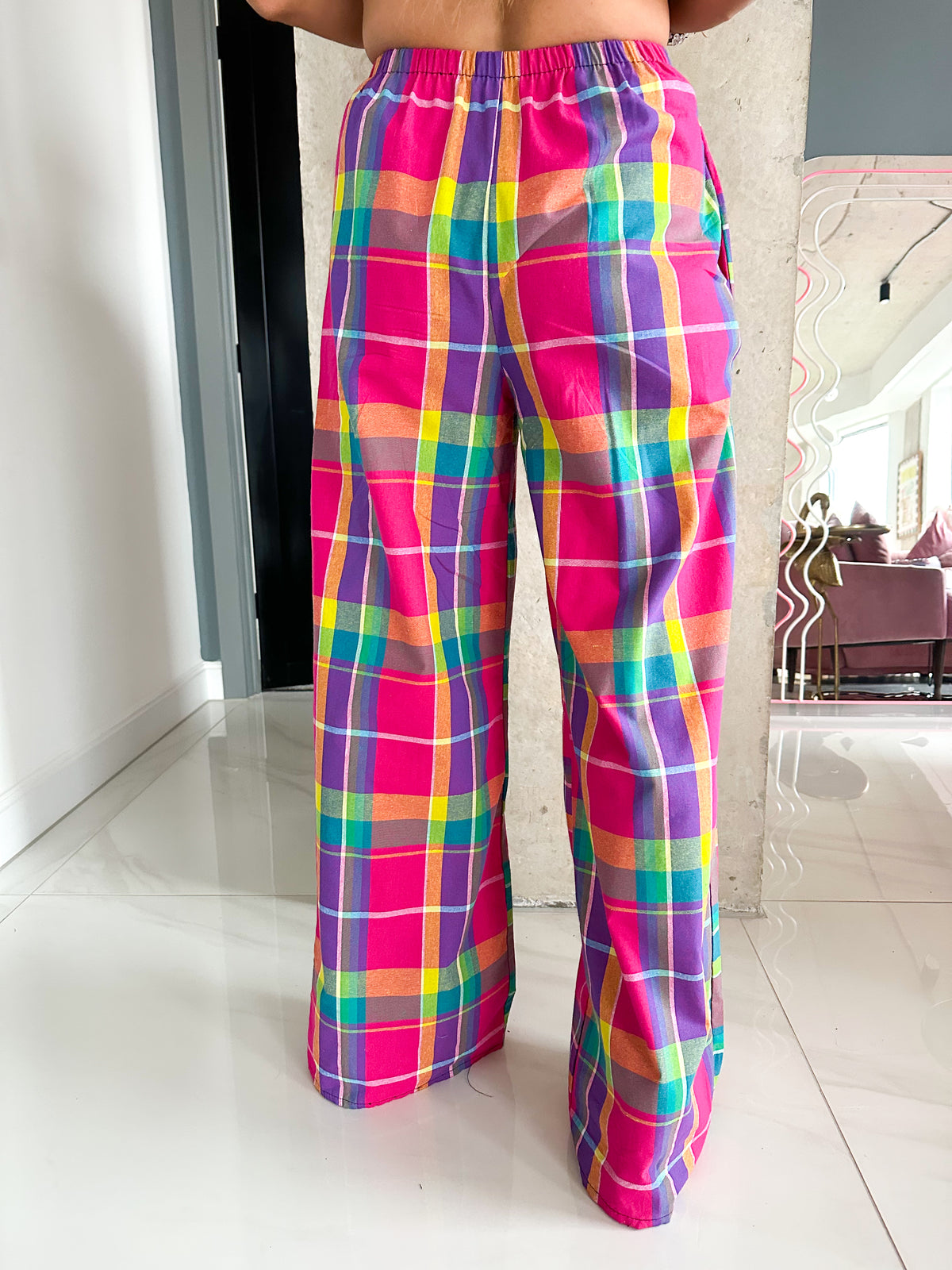 Madras Check Wide Leg Trousers In Pink