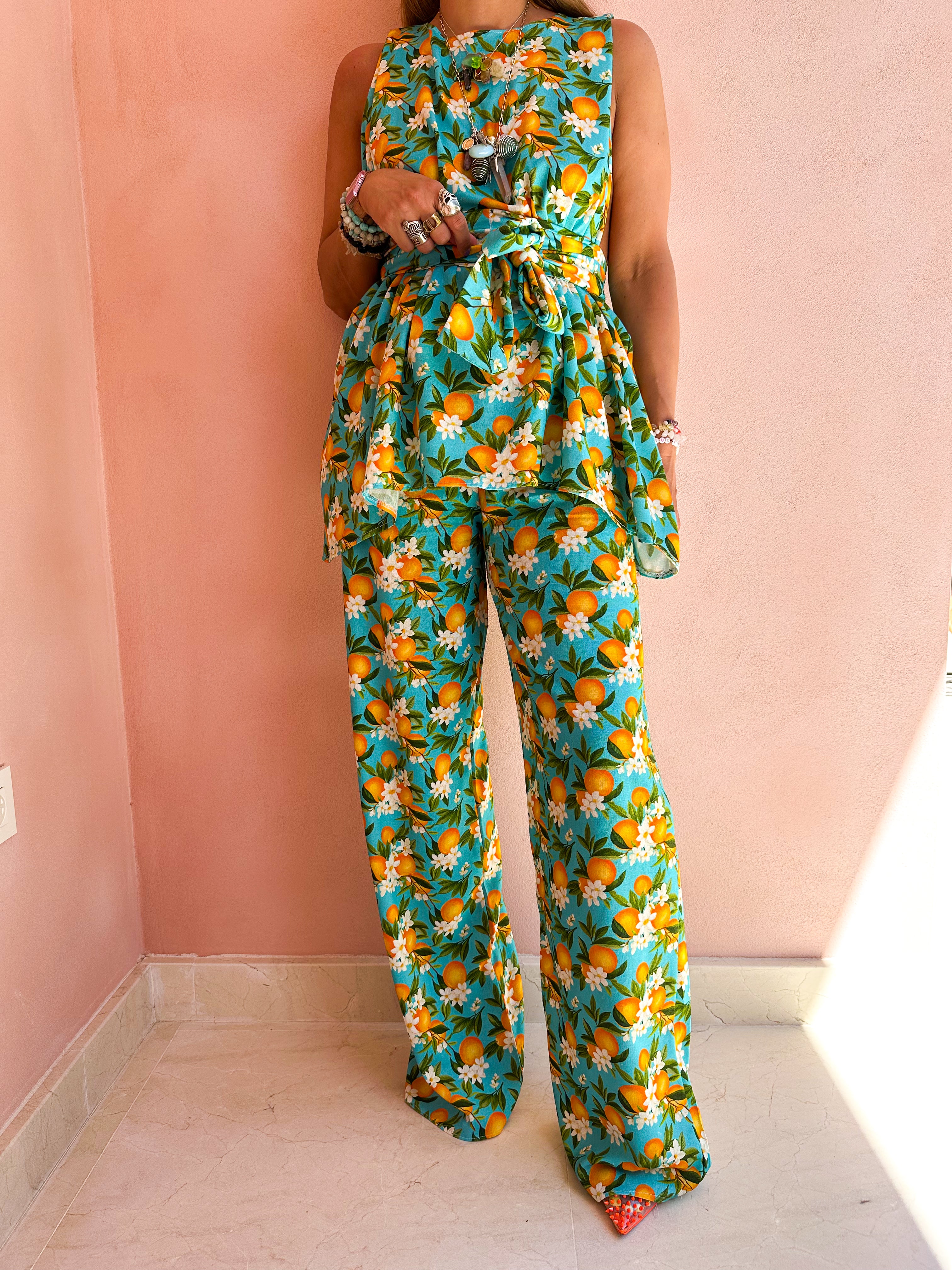 The Valencia Wide Leg Trousers In Scattered Orange Print