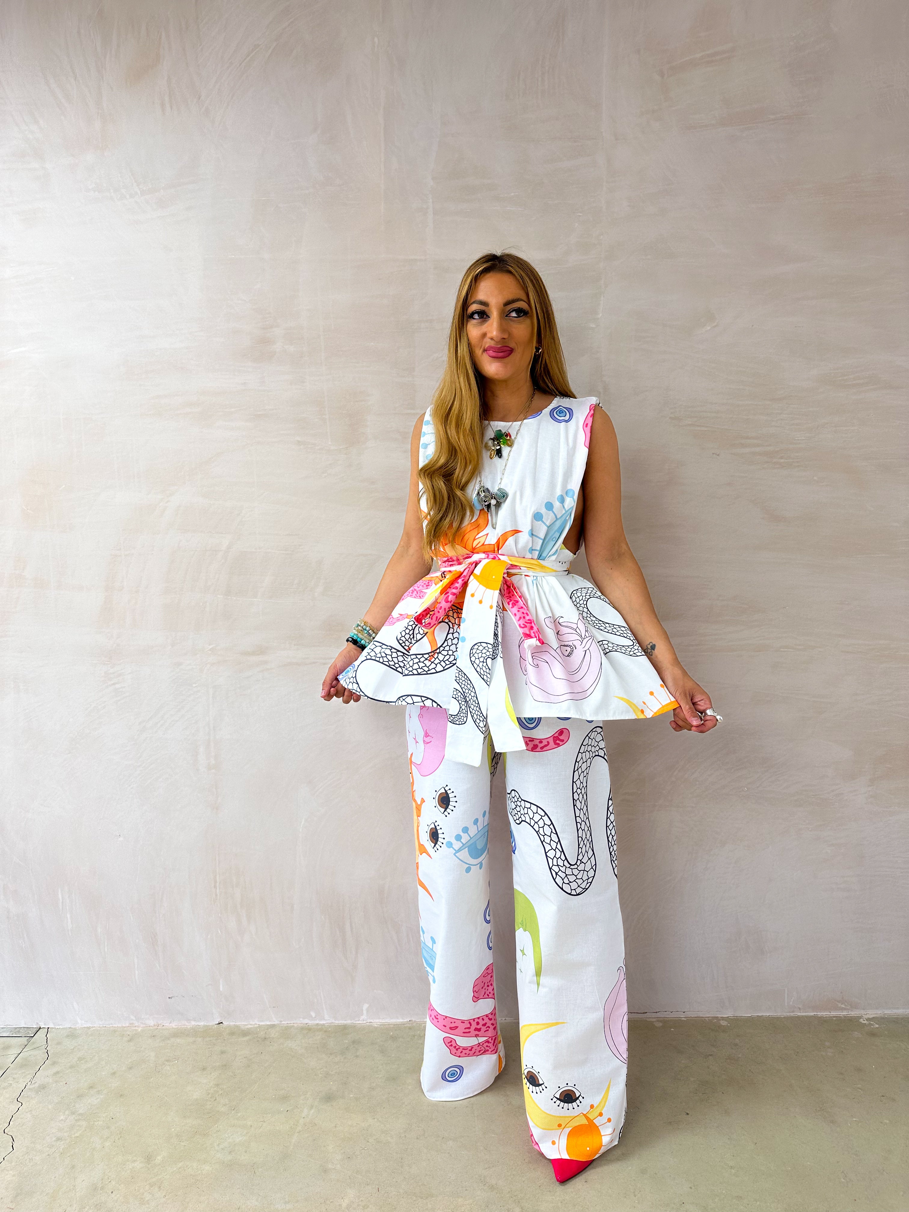 The Spellbound Wide Leg Trousers In White Mystical Print