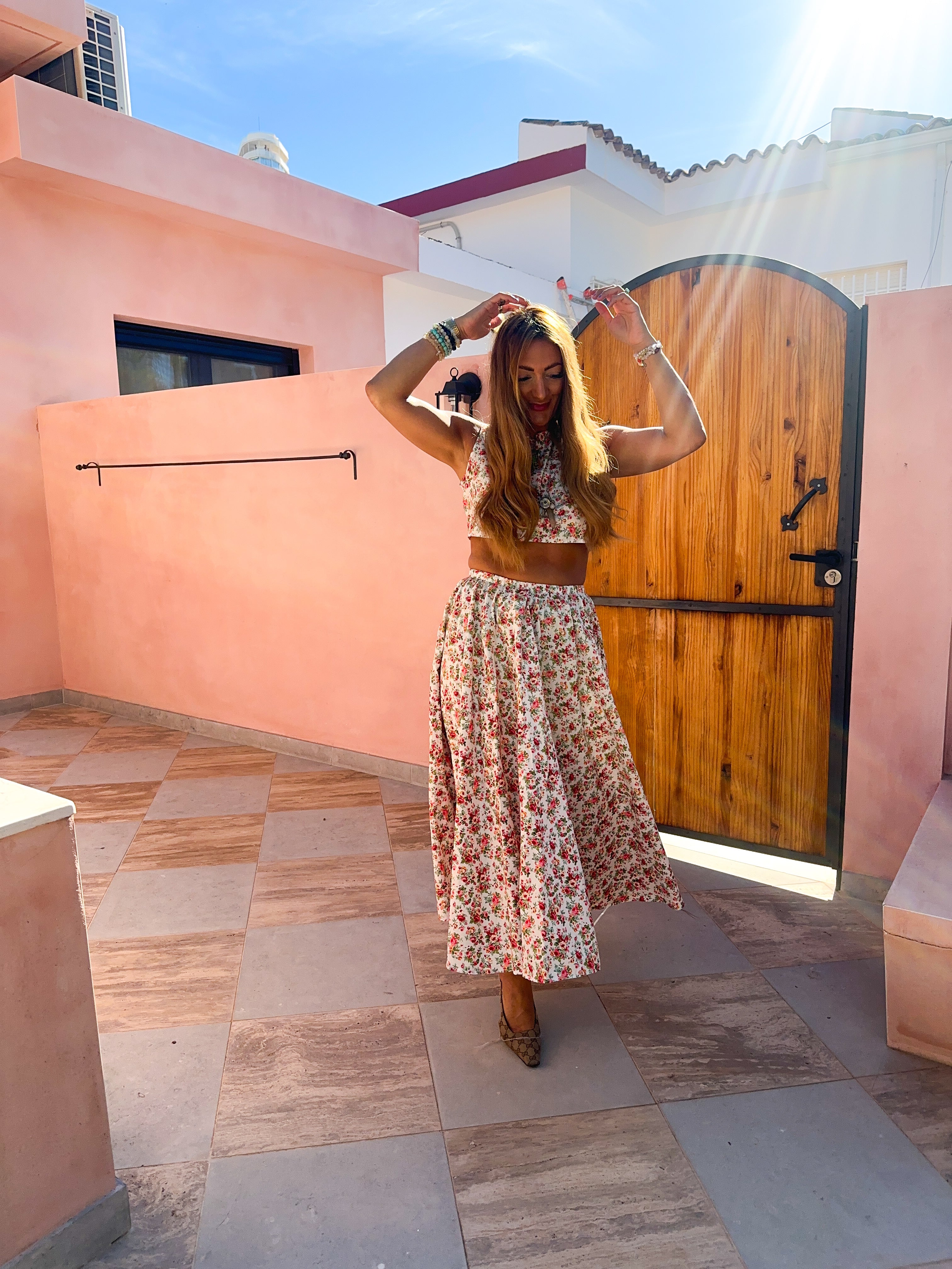 Scattered Rose Full Circle Midi Skirt In White