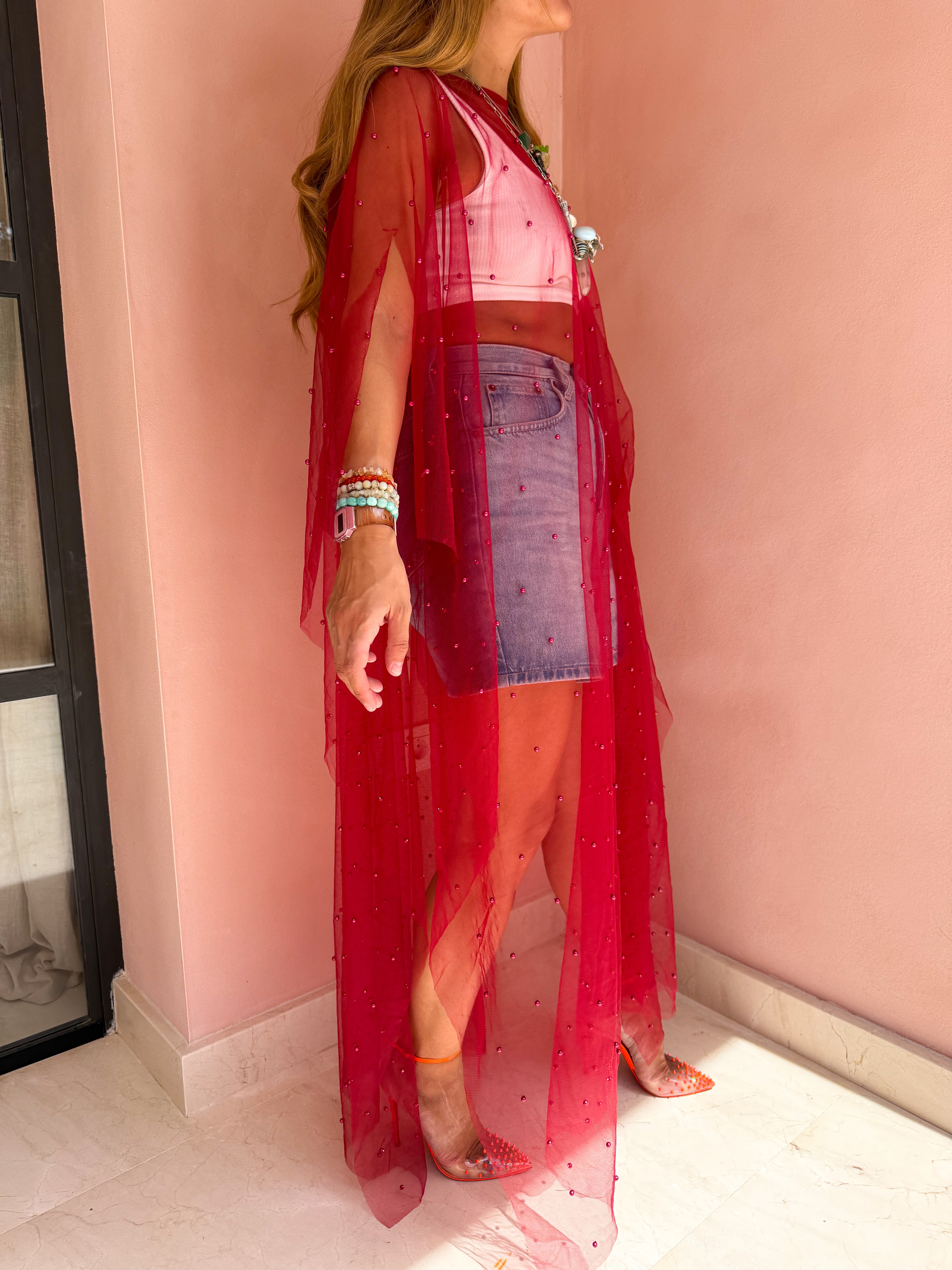 Tulle Vixen Pearl Mesh Kimono In Red