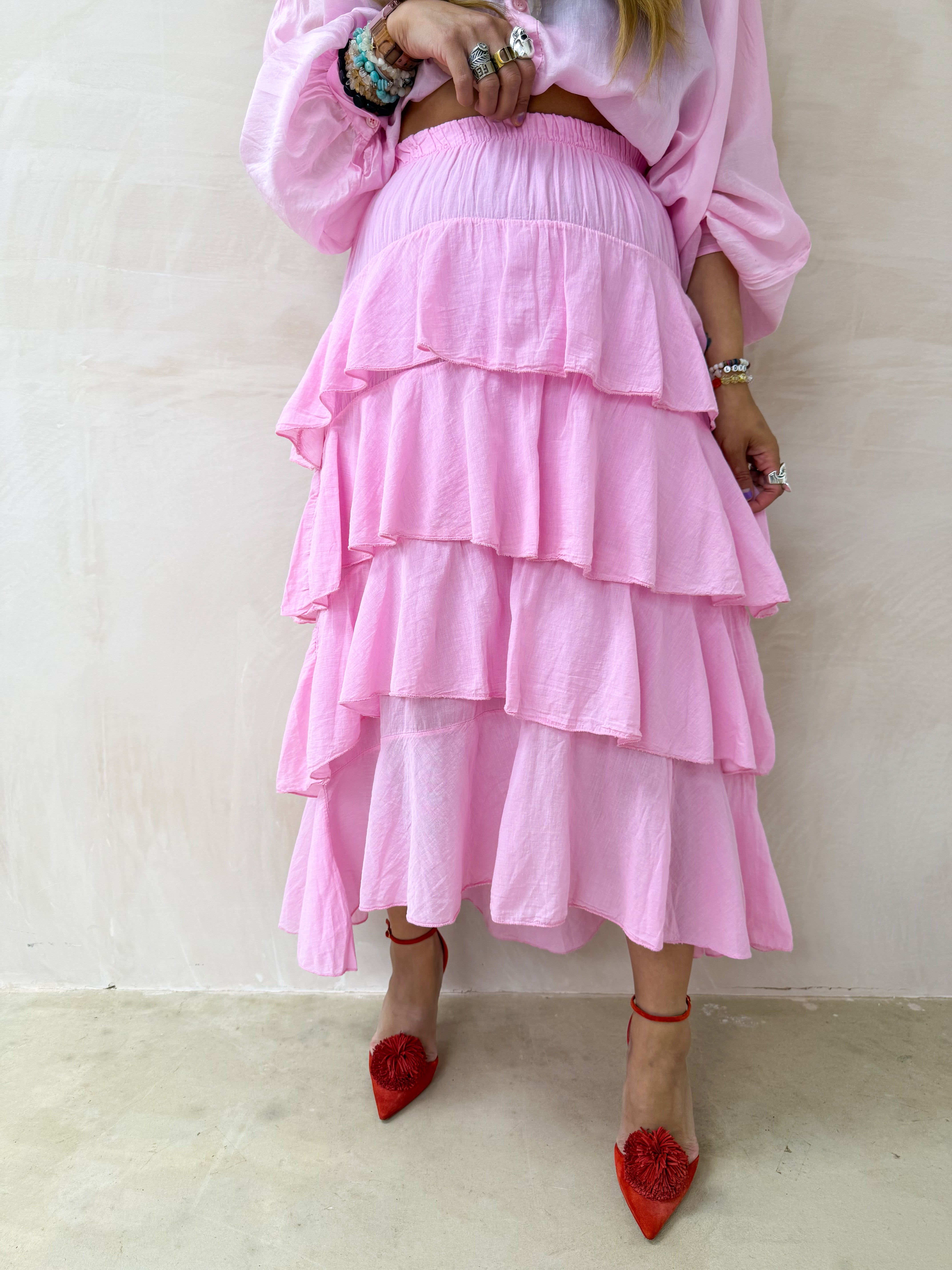 Tiered Ruffle Midi Skirt In Pink