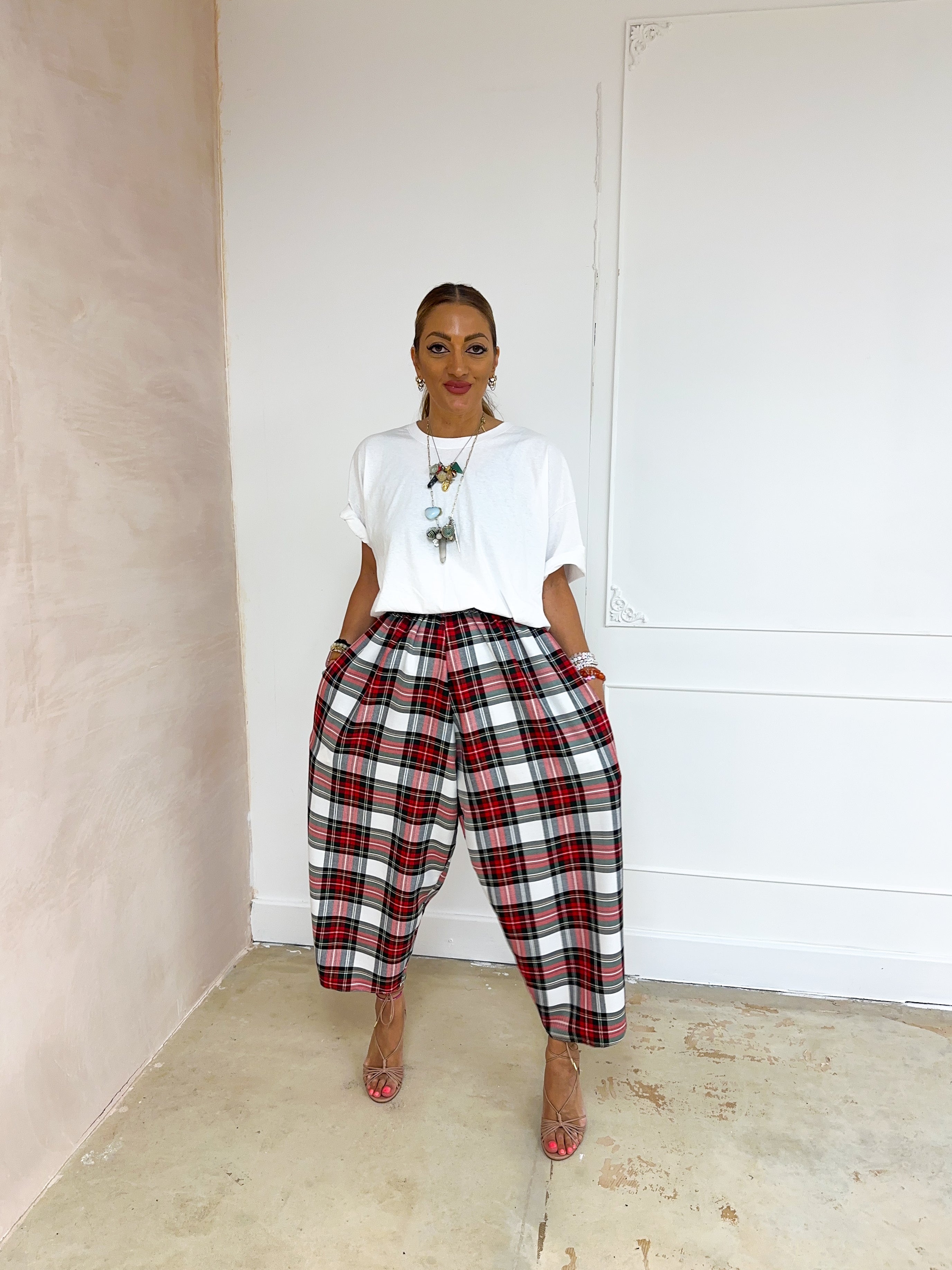 Muse Balloon Trousers In Red/White Tartan