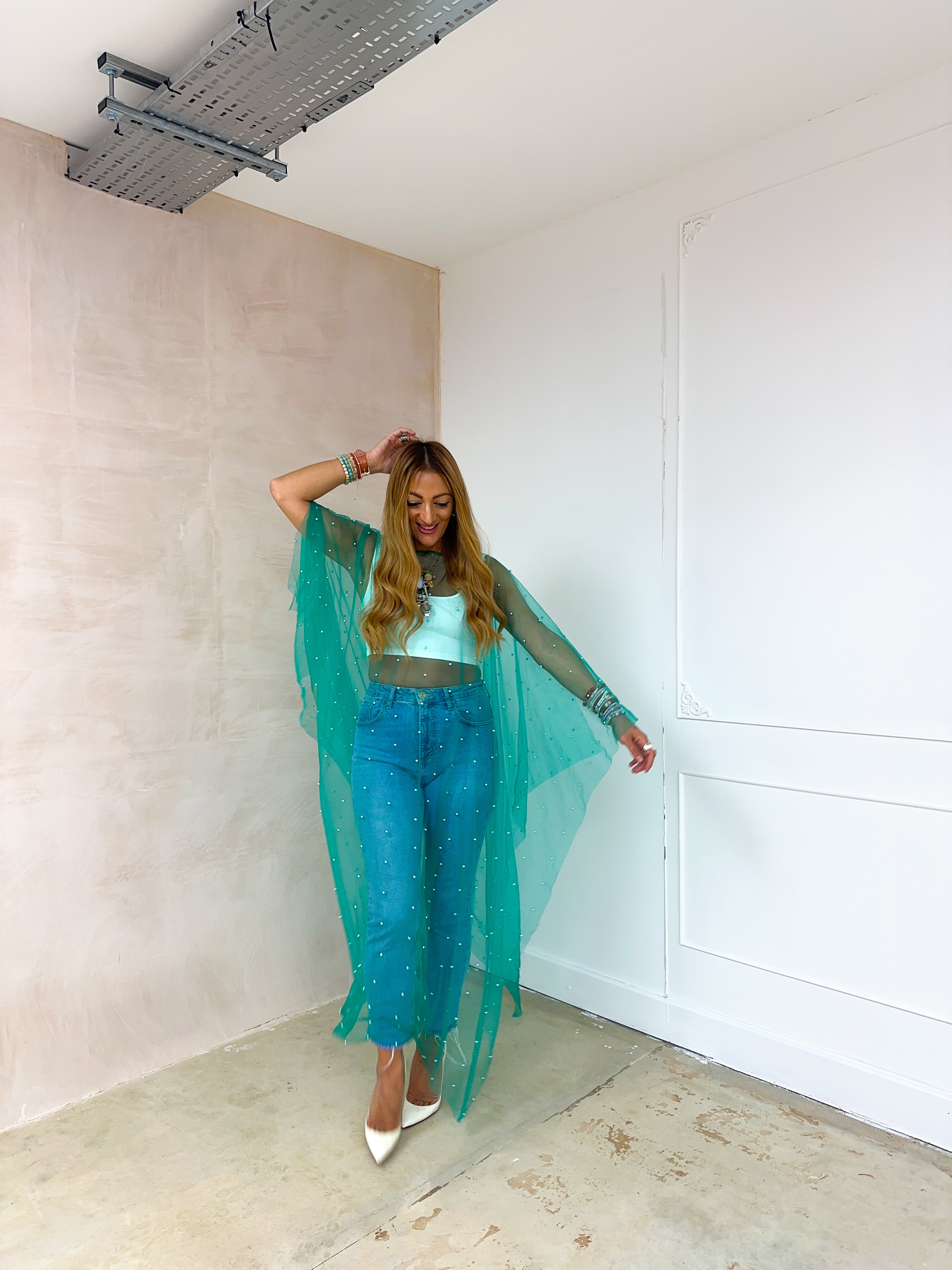 Tulle Vixen Pearl Mesh Kimono In Bright Green