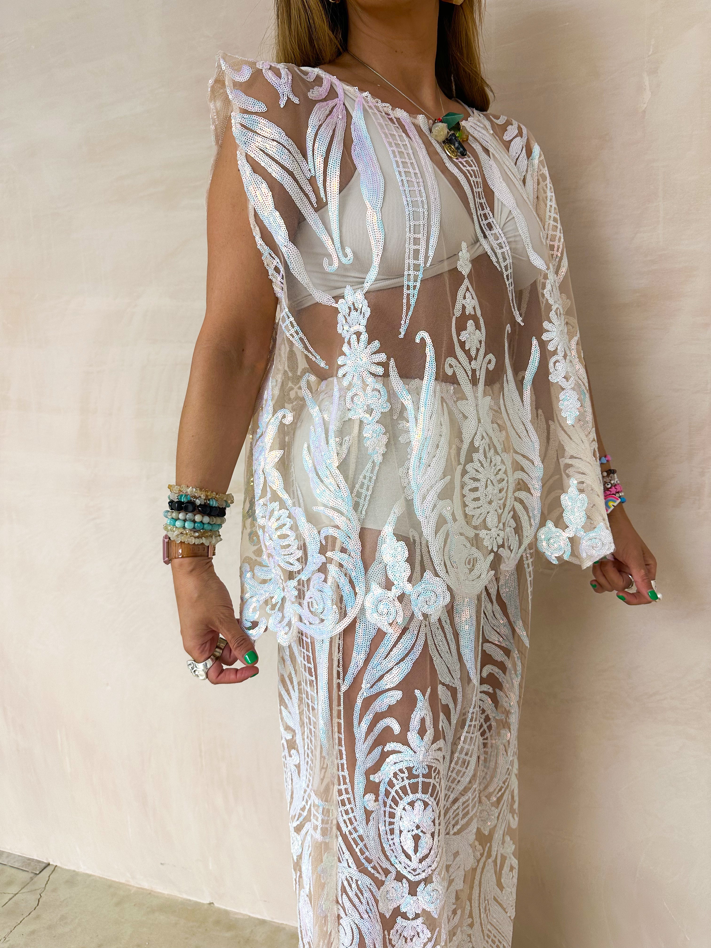 The Solaris Mesh Top In Iridescent White Sequin