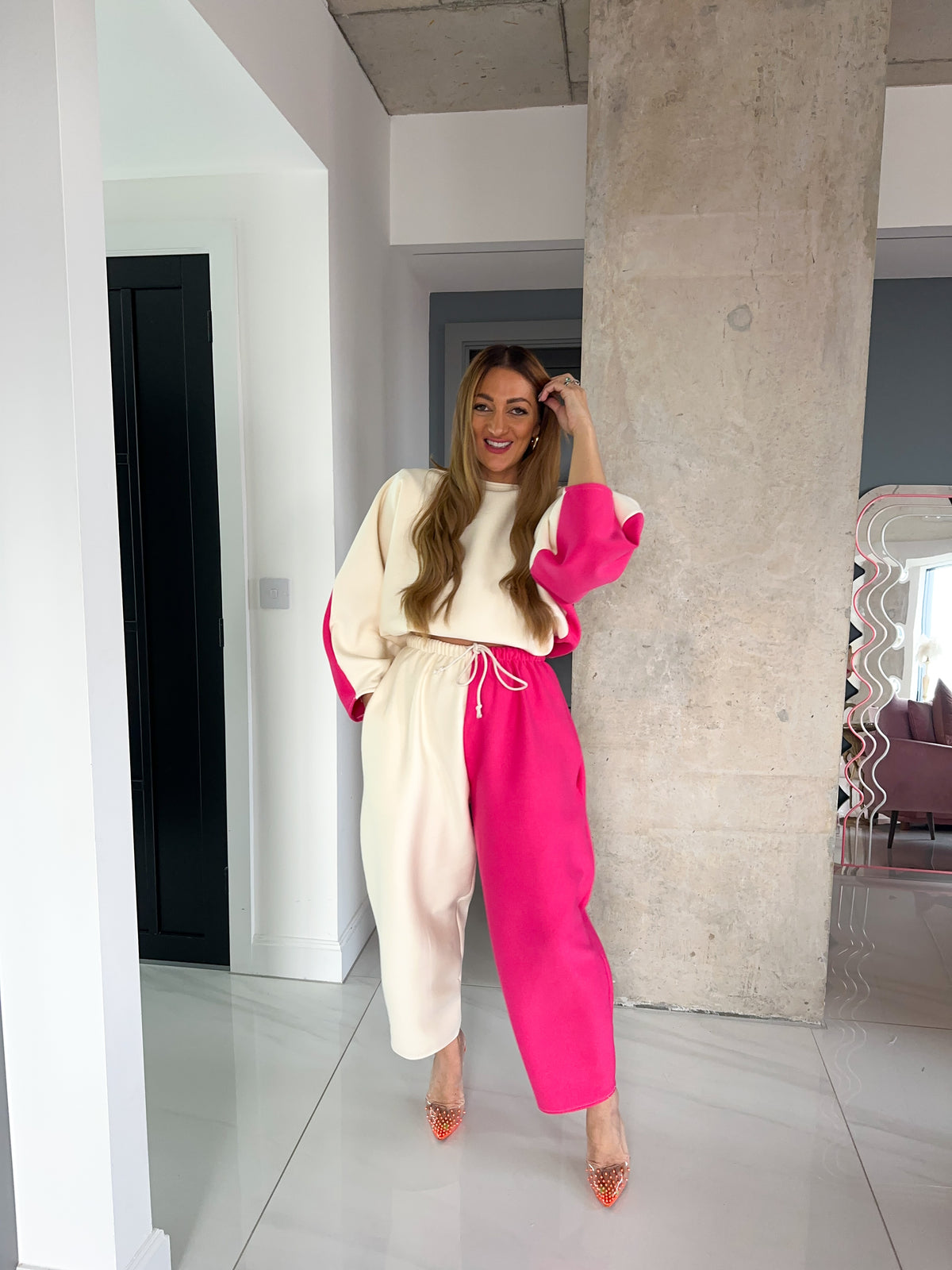 Core Collection Contrast Balloon Trousers In Pink/Cream