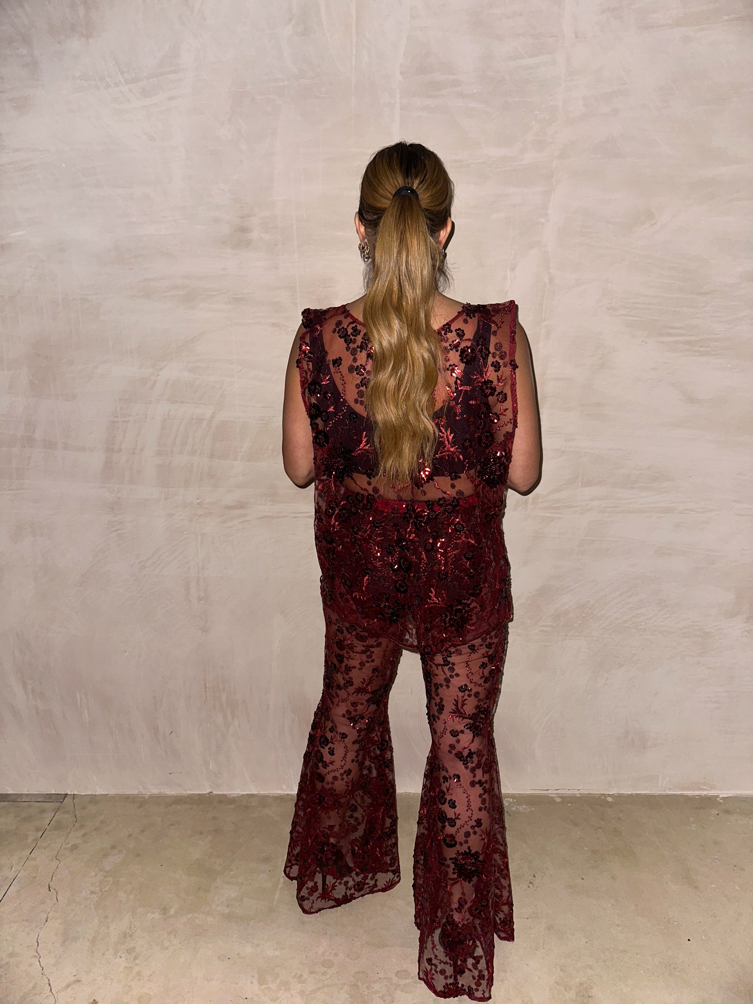 Midnight Mesh Sequin Top In Burgundy