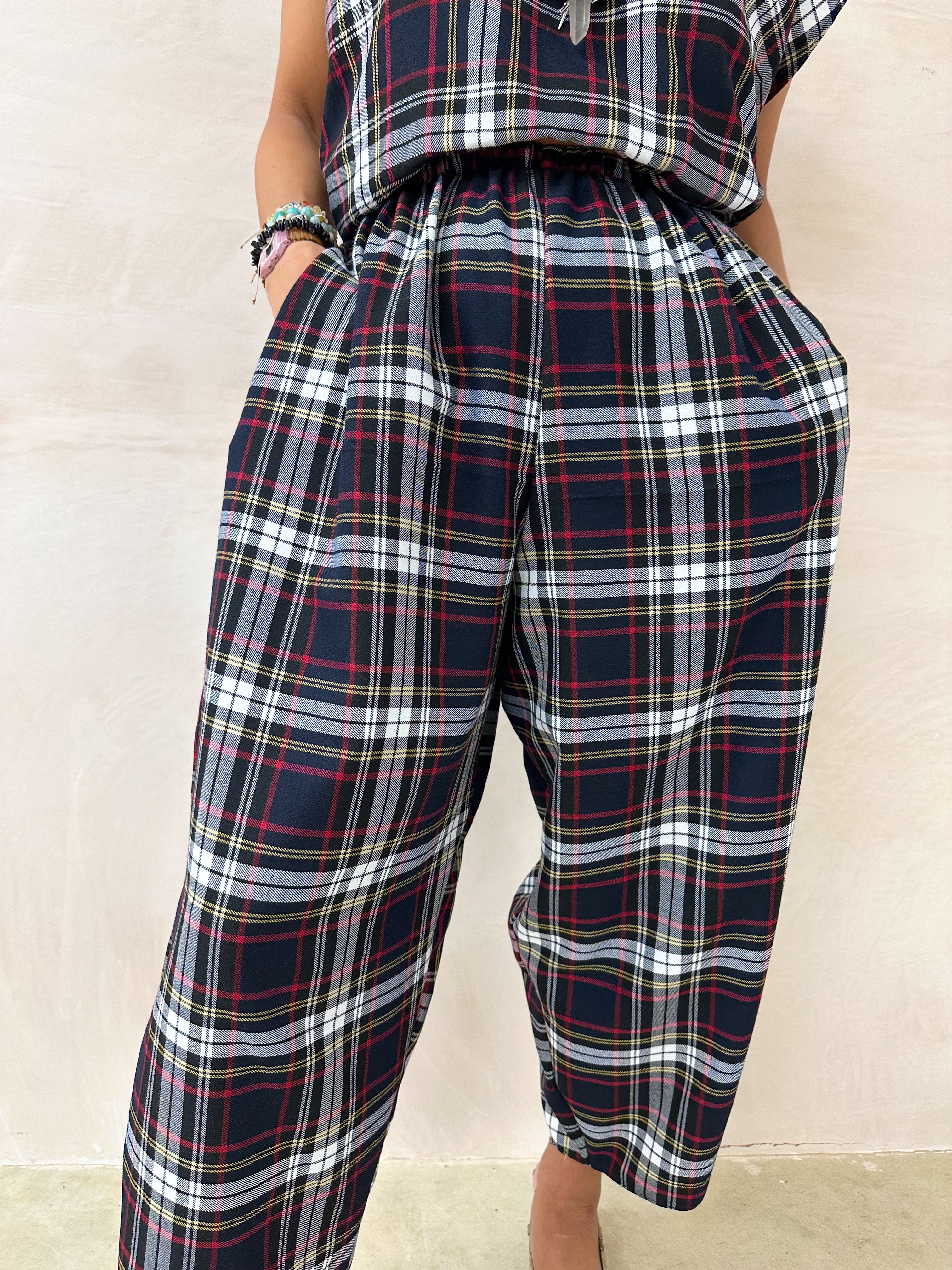 Muse Balloon Trousers In Navy Tartan