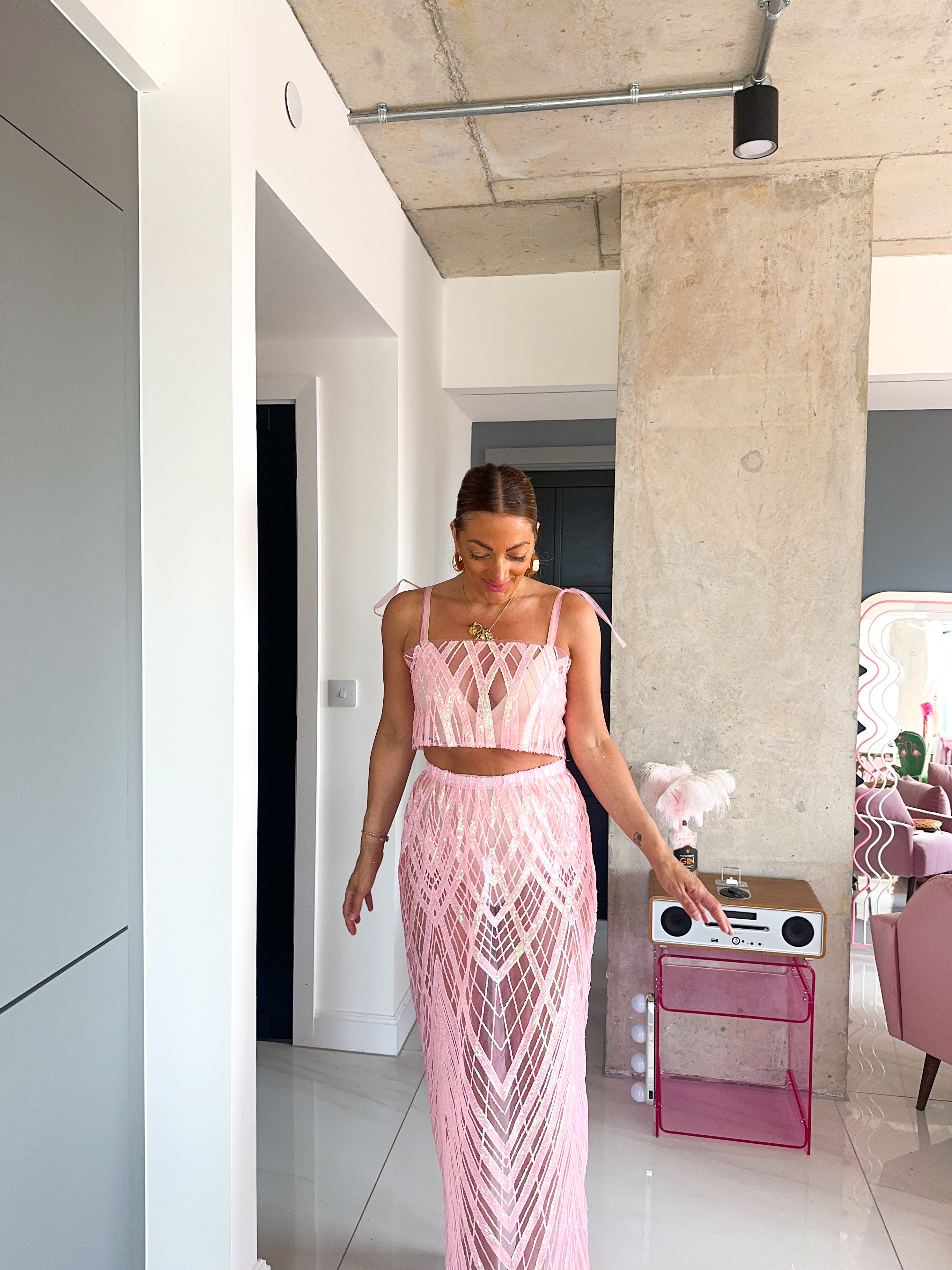 Solaris Supernova Crop Sequin Vest In Baby Pink