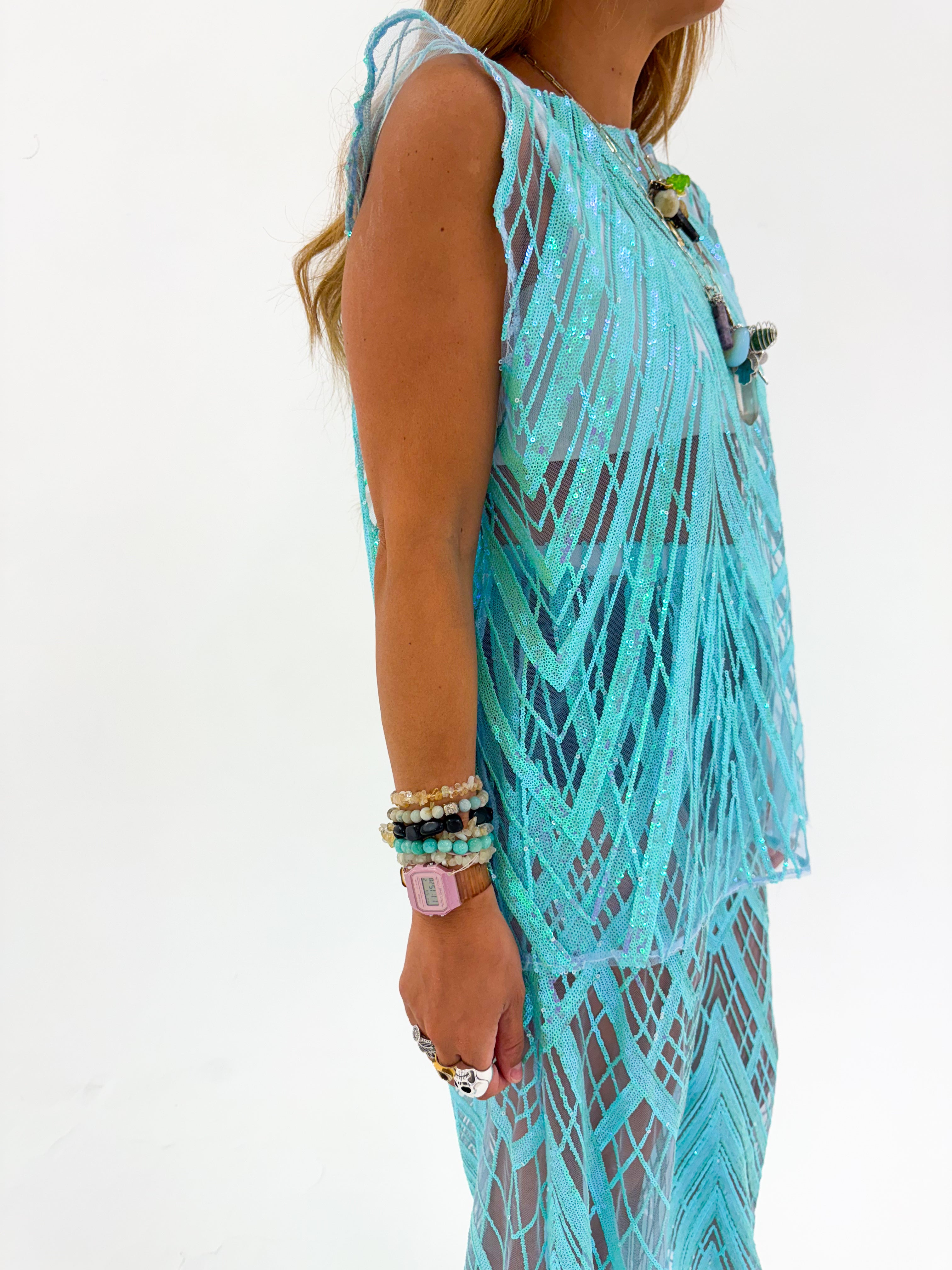 Solaris Vega Mesh Sequin Top In Baby Blue