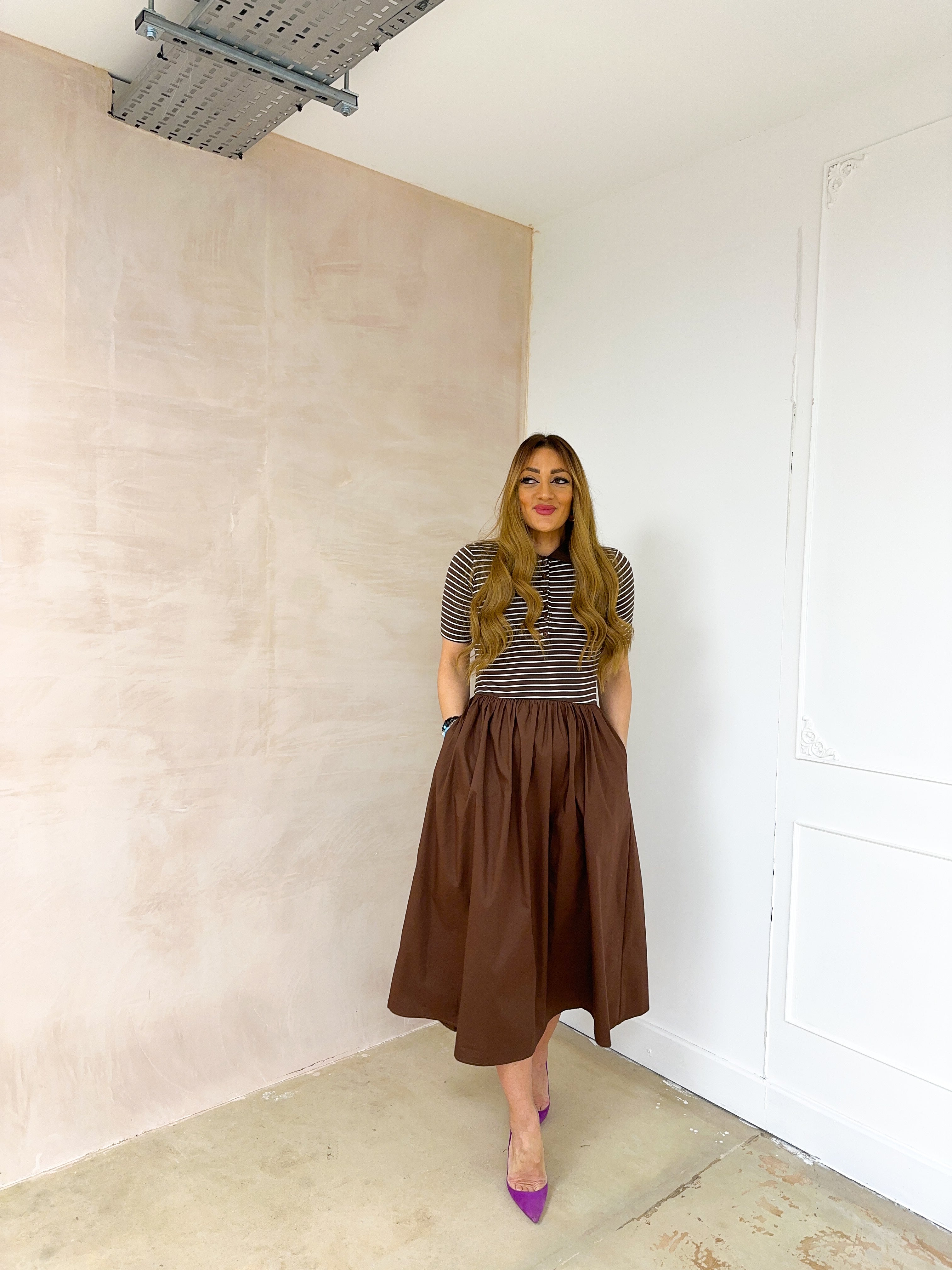 T-Shirt Style Midi Dress In Brown Stripe