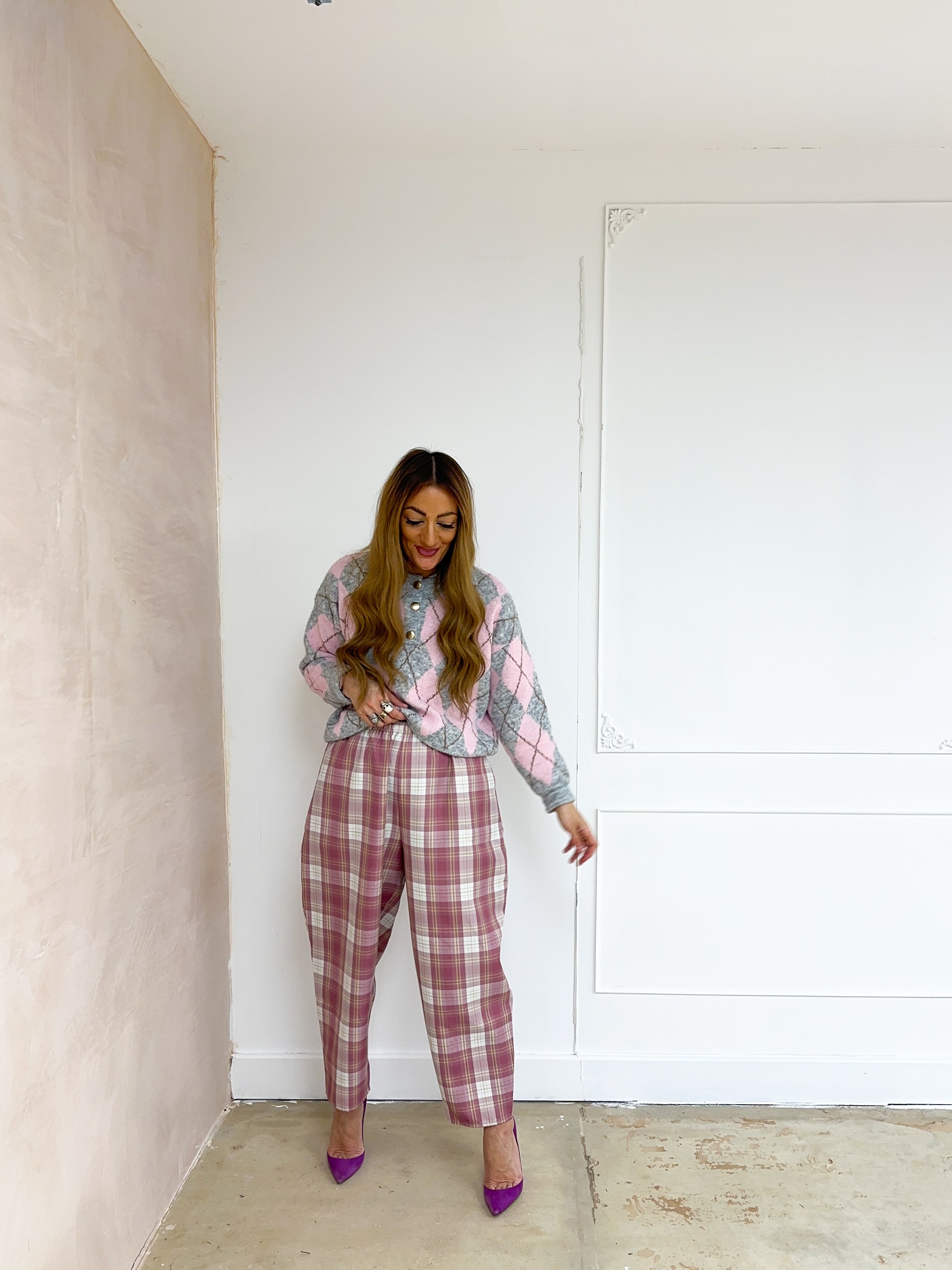 Tartan Check Balloon Trousers In Pink