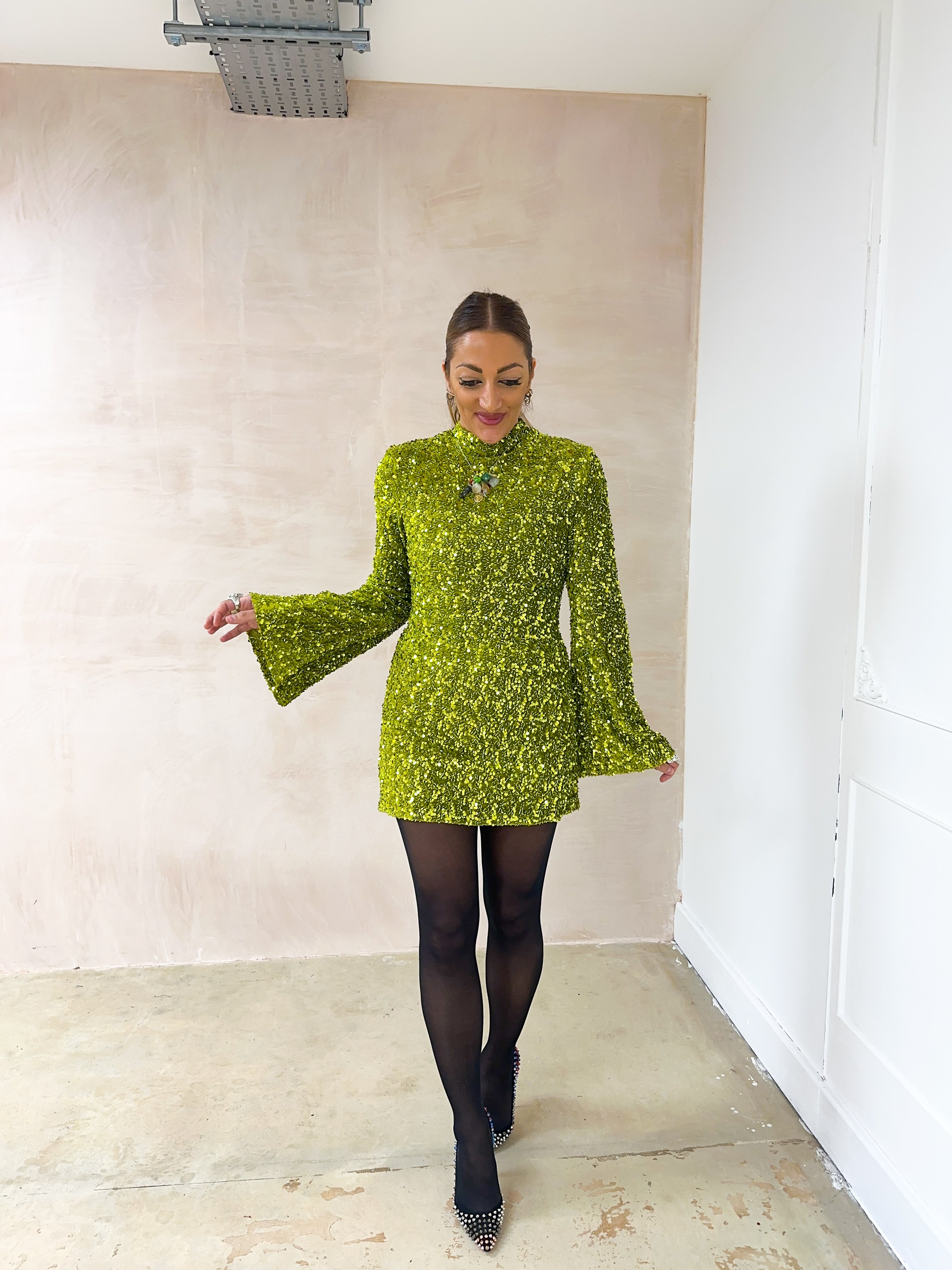 Flare Sleeve Sequin Mini Dress In Green